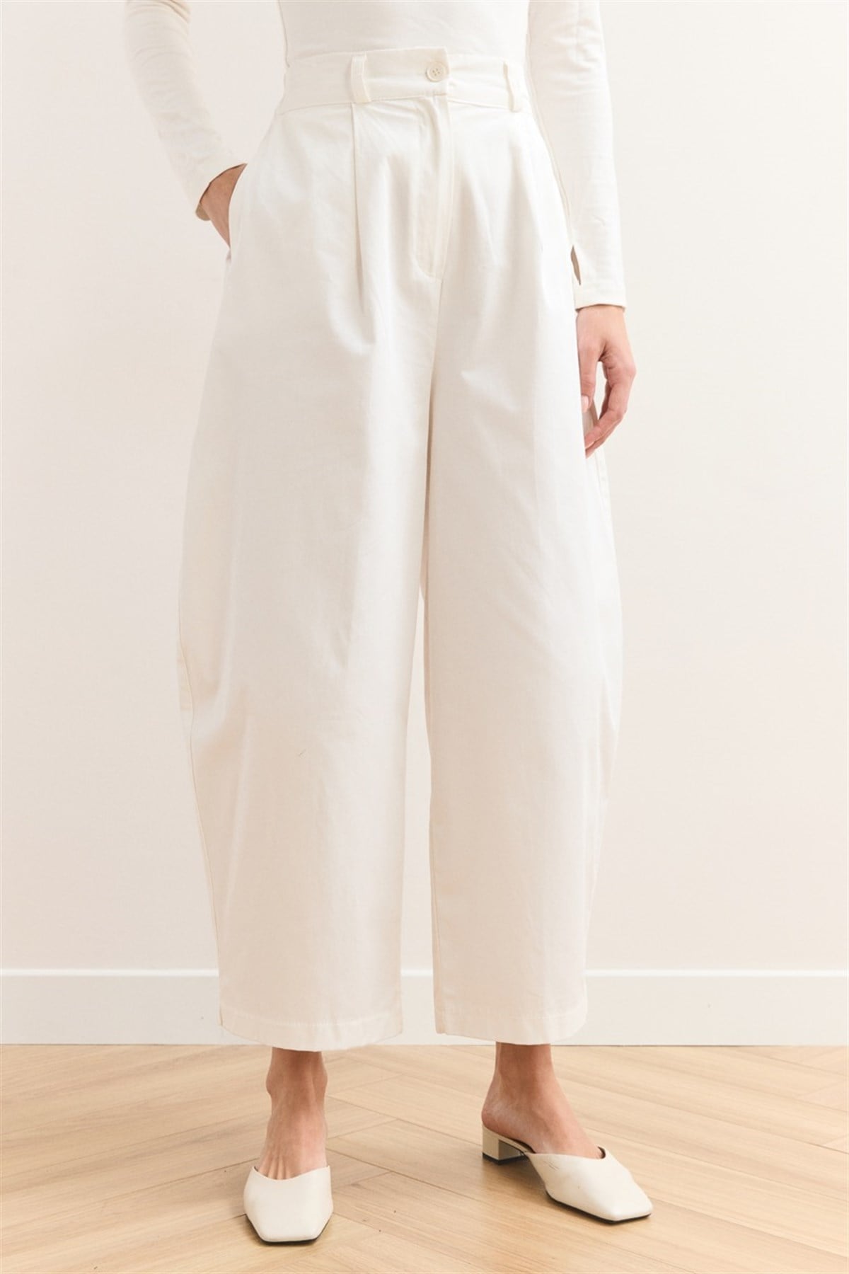 Wide Leg Gabardin Pantolon - Ekru