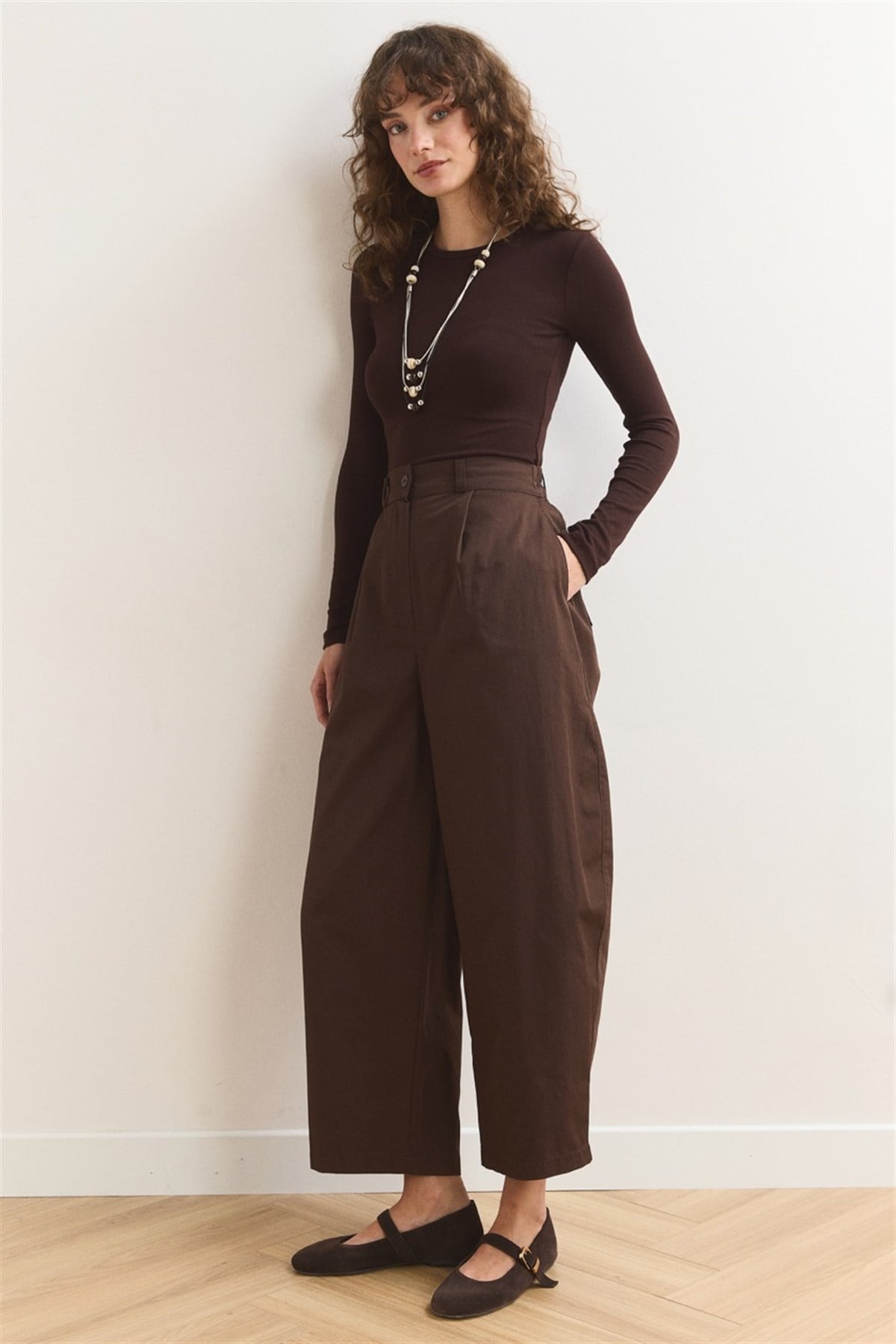 Wide Leg Gabardin Pantolon - Kahve
