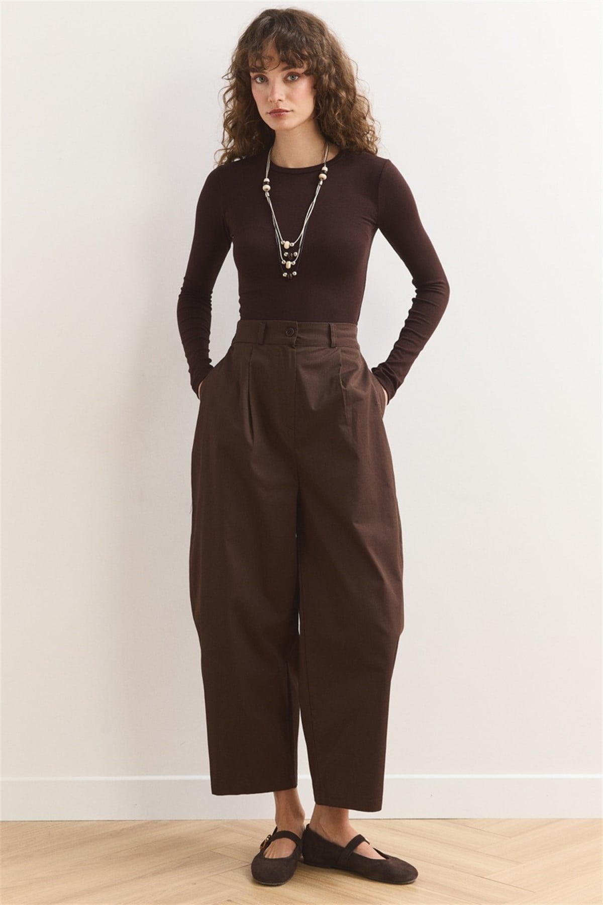 Wide Leg Gabardin Pantolon - Kahve