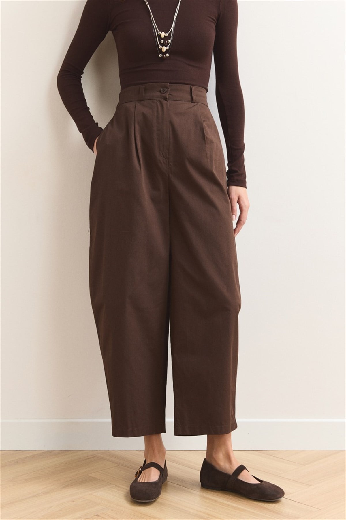 Wide Leg Gabardin Pantolon - Kahve