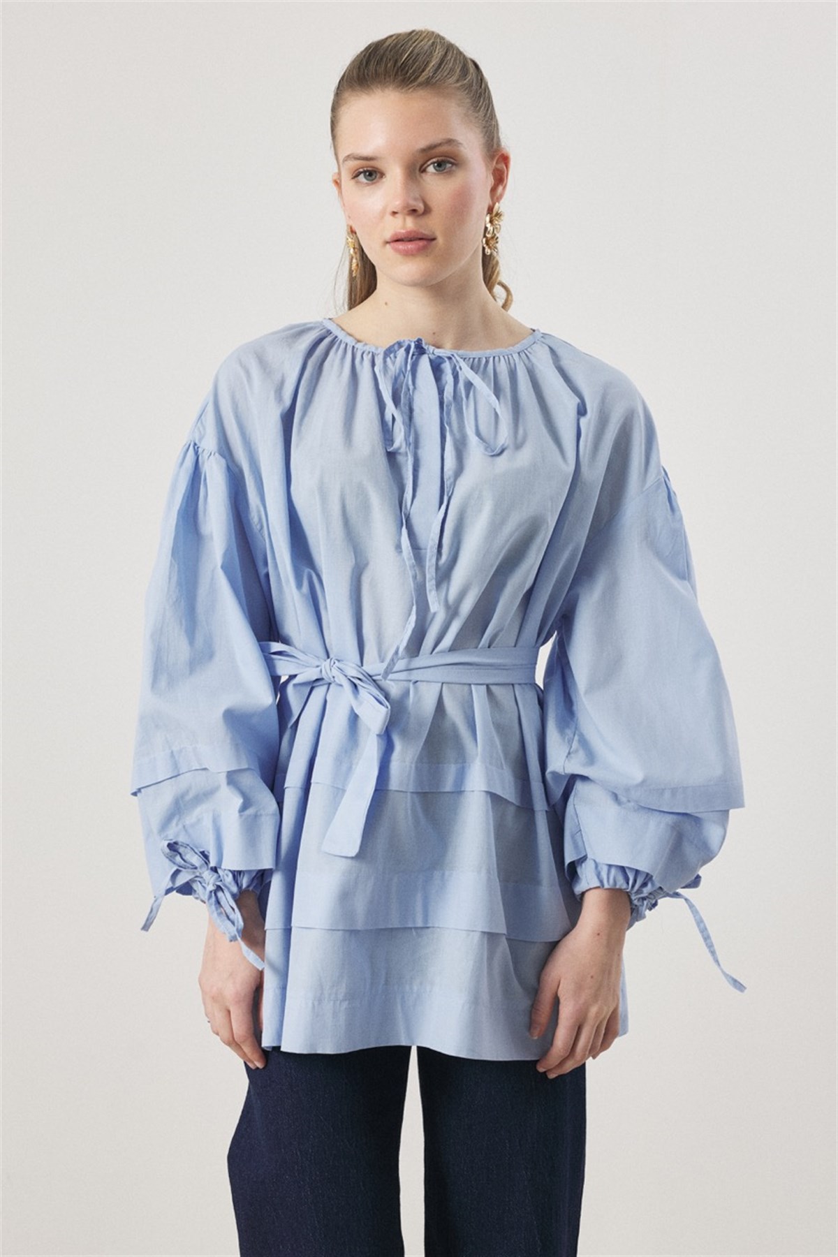 Yaka Biye Geniş Nervürlü Gömlek - bebe mavisi