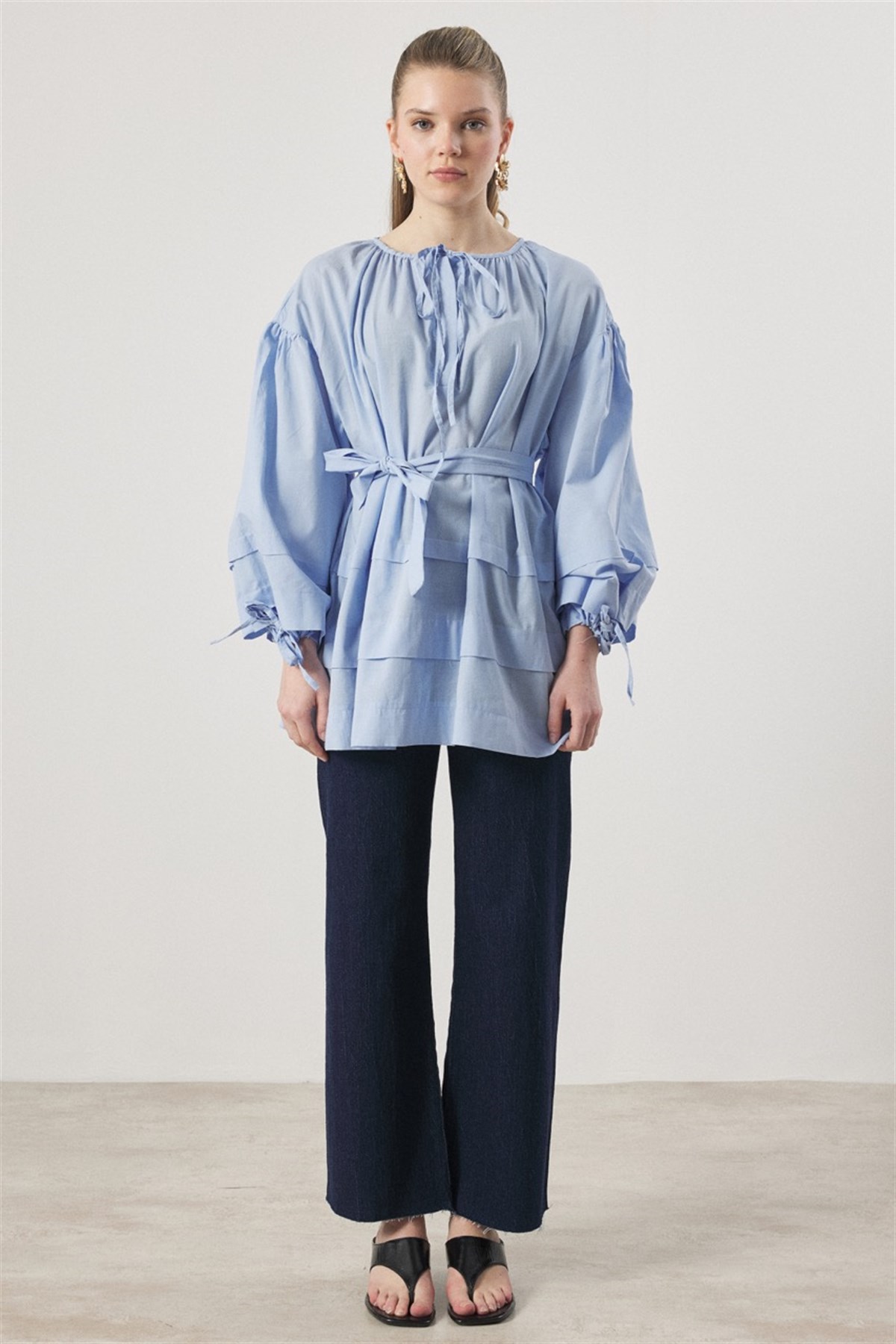 Yaka Biye Geniş Nervürlü Gömlek - bebe mavisi