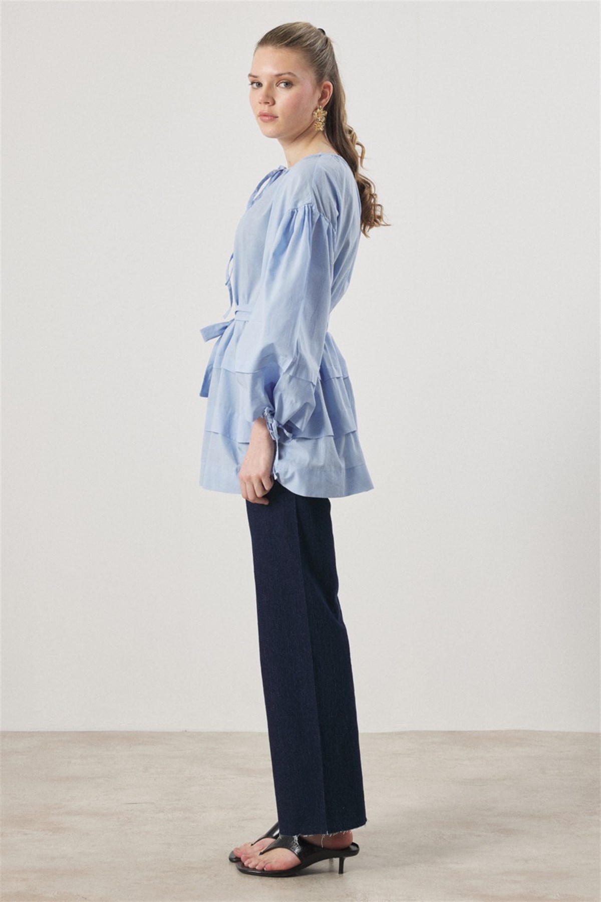 Yaka Biye Geniş Nervürlü Gömlek - bebe mavisi