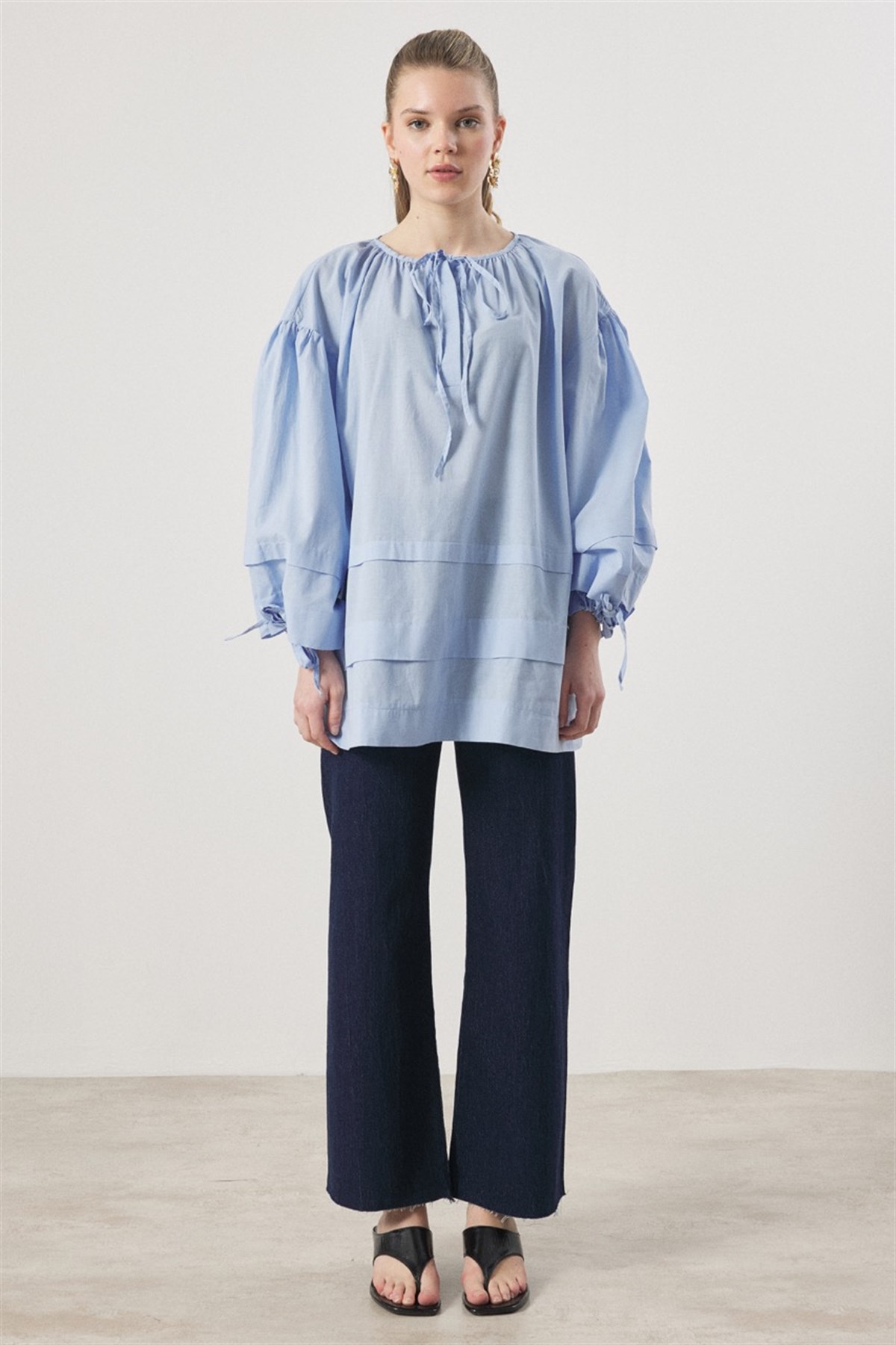 Yaka Biye Geniş Nervürlü Gömlek - bebe mavisi