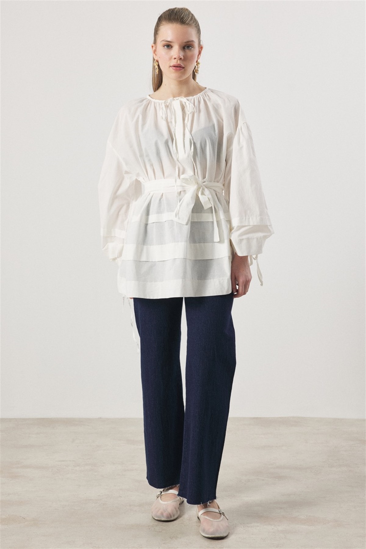 Yaka Biye Geniş Nervürlü Gömlek - Ekru