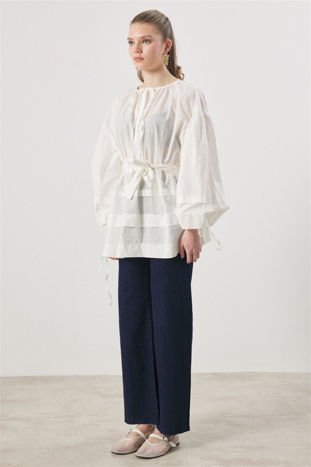 Yaka Biye Geniş Nervürlü Gömlek - Ekru