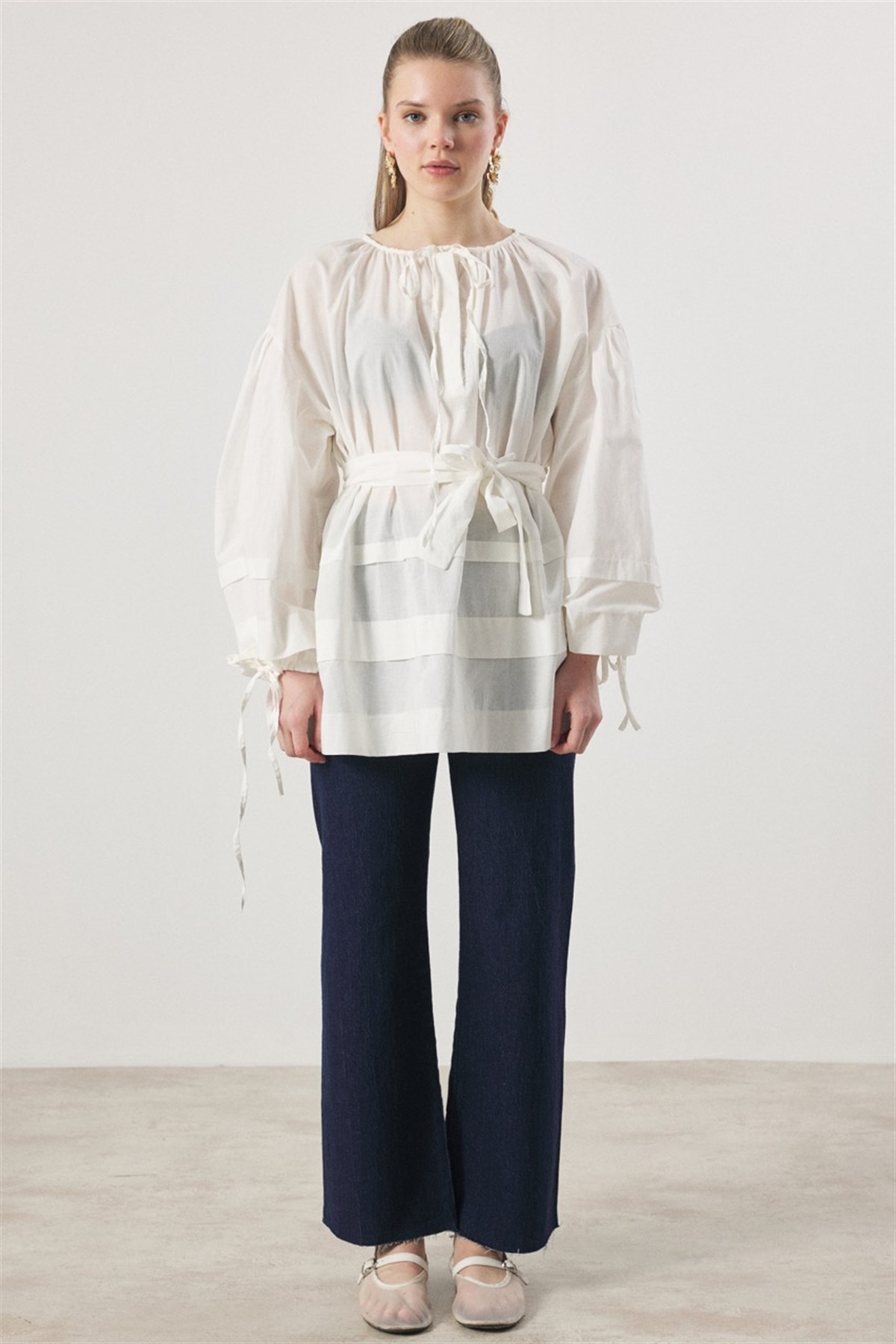 Yaka Biye Geniş Nervürlü Gömlek - Ekru