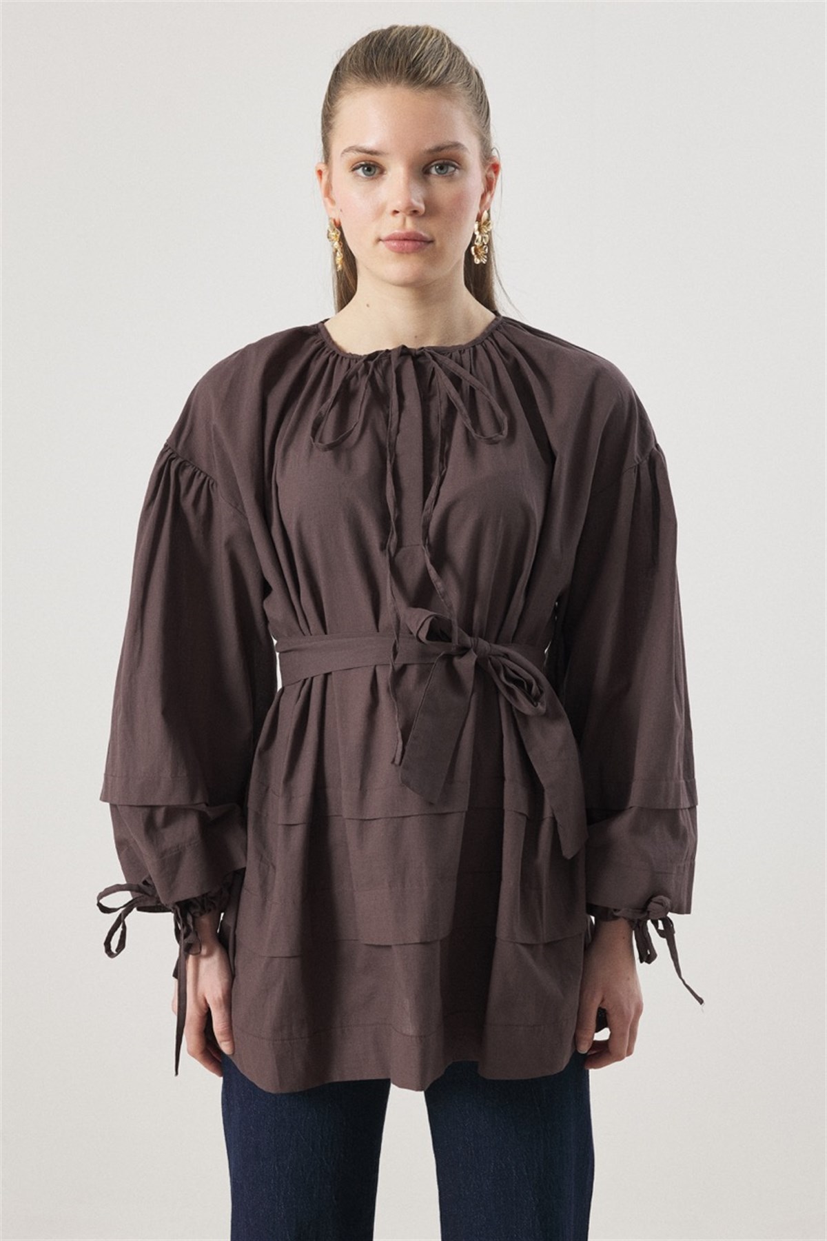 Yaka Biye Geniş Nervürlü Gömlek - Kahve