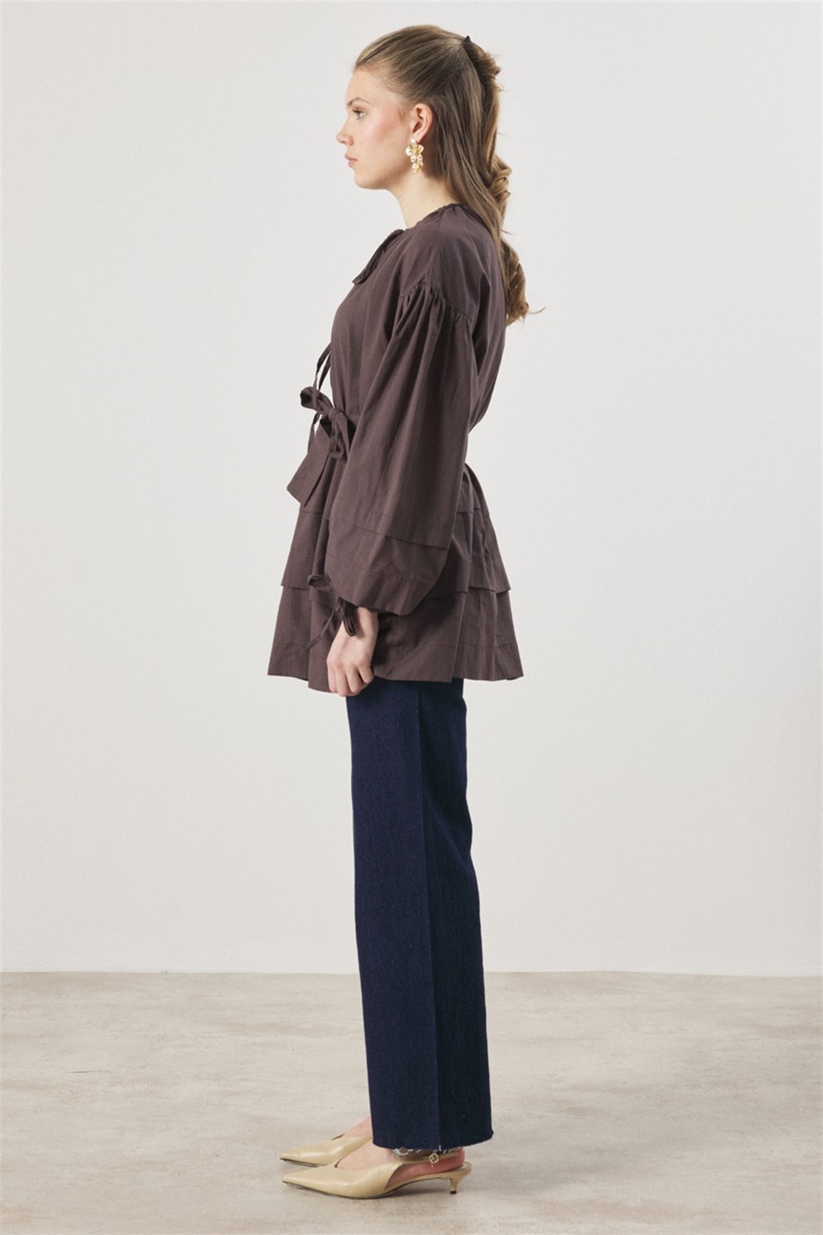 Yaka Biye Geniş Nervürlü Gömlek - Kahve