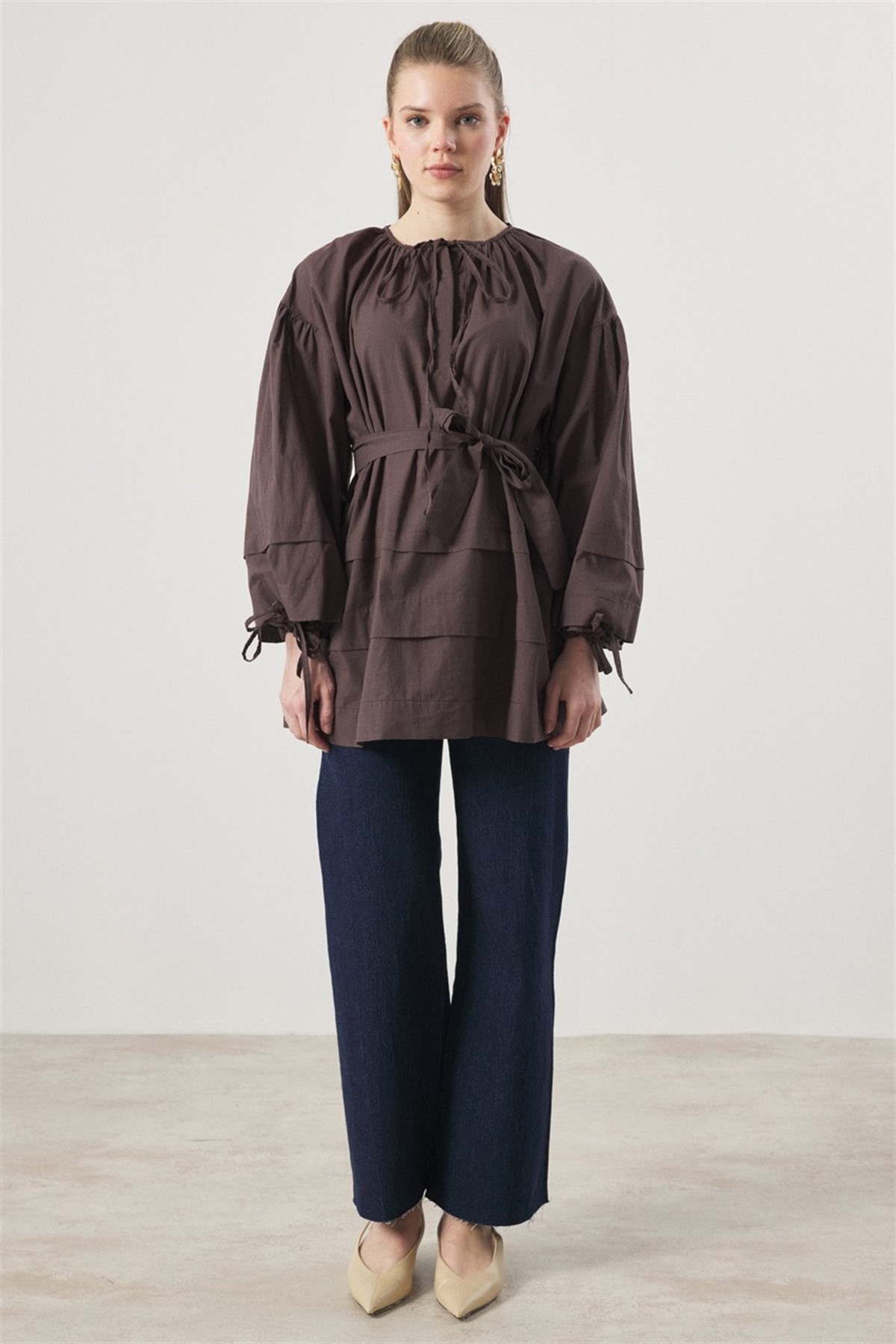 Yaka Biye Geniş Nervürlü Gömlek - Kahve