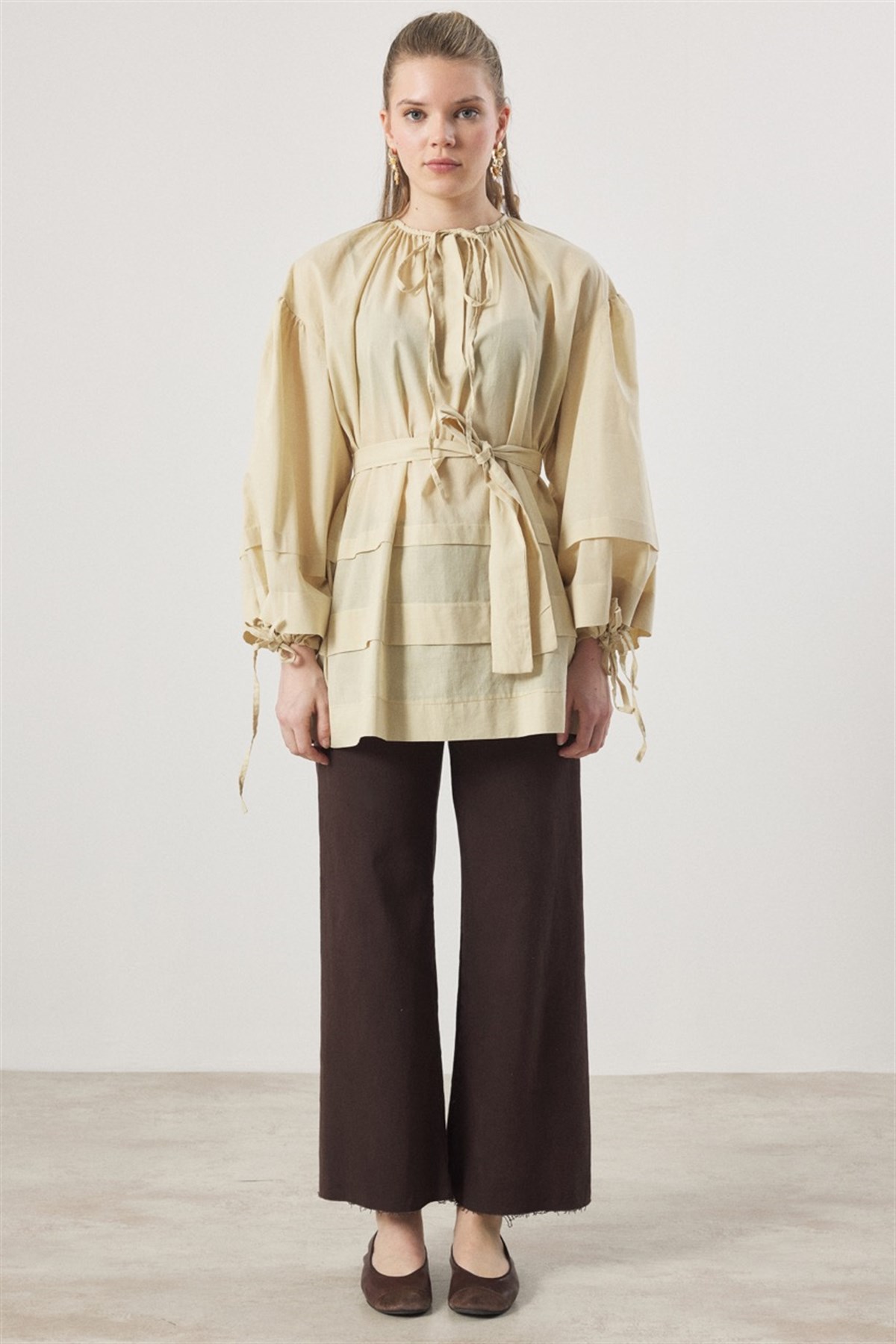 Yaka Biye Geniş Nervürlü Gömlek - Sarı