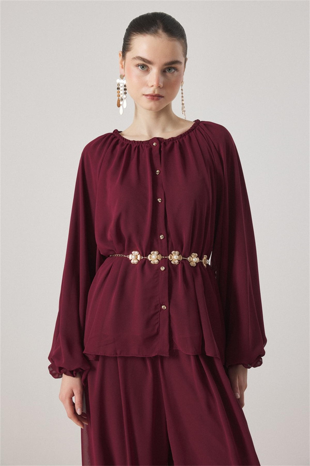 Yaka Büzgülü Şifon Takım - Bordo