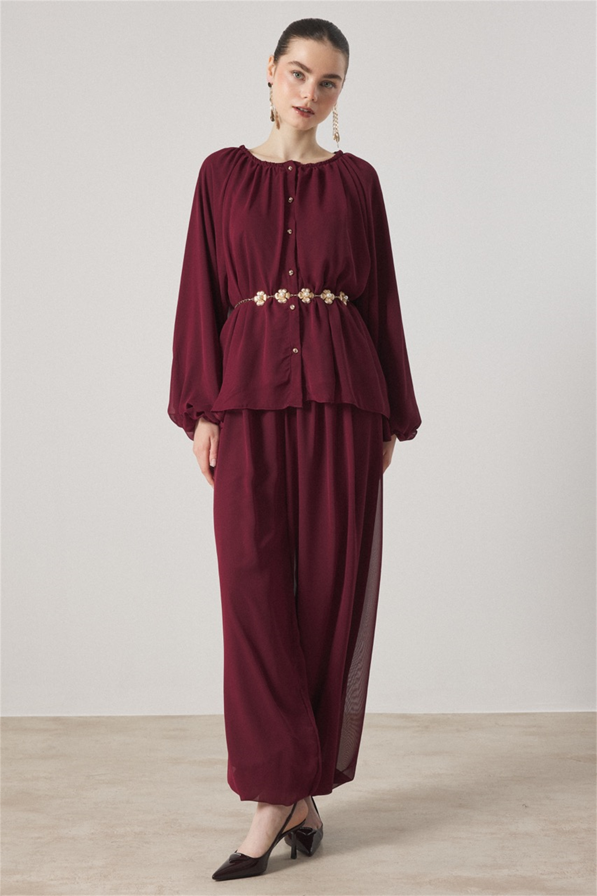 Yaka Büzgülü Şifon Takım - Bordo