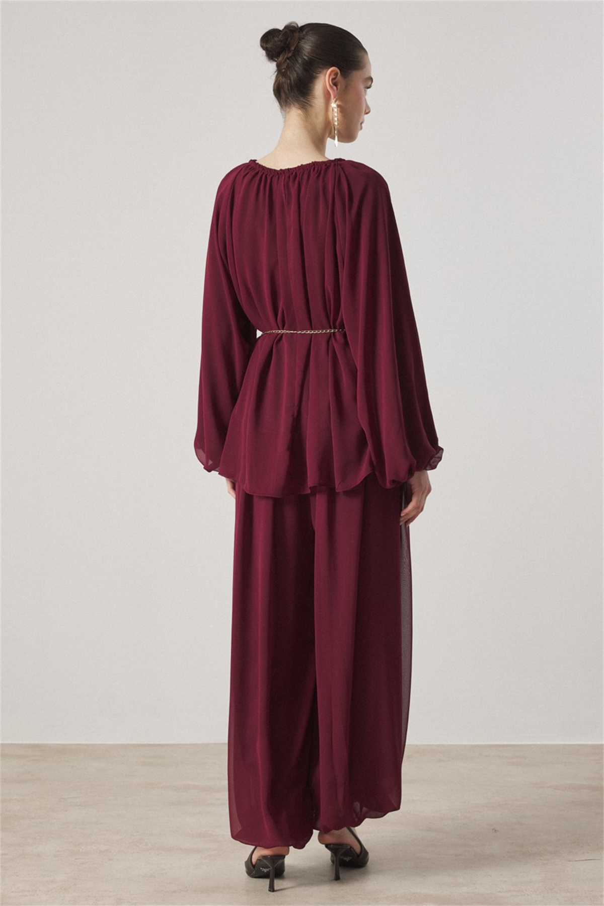 Yaka Büzgülü Şifon Takım - Bordo