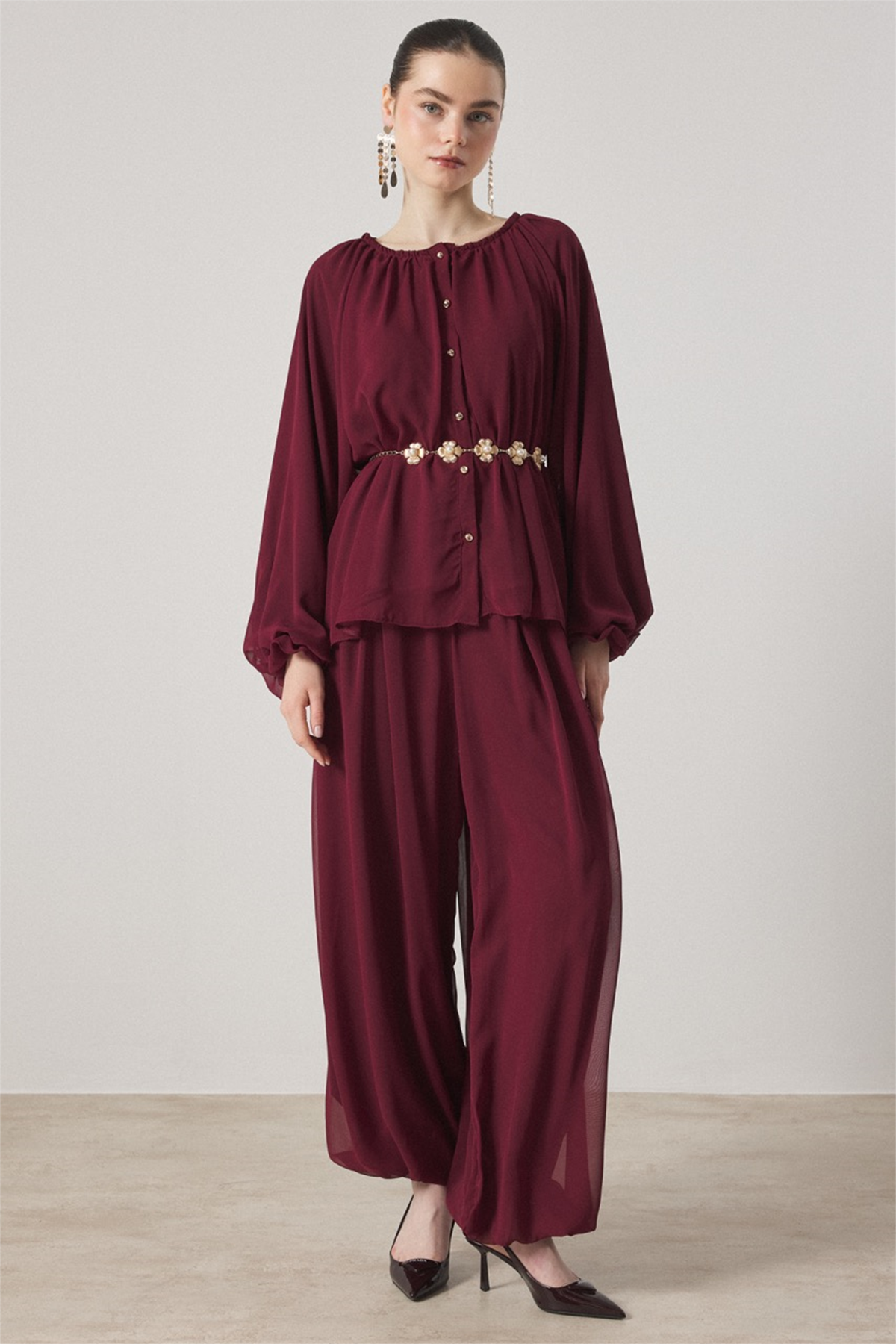 Yaka Büzgülü Şifon Takım - Bordo