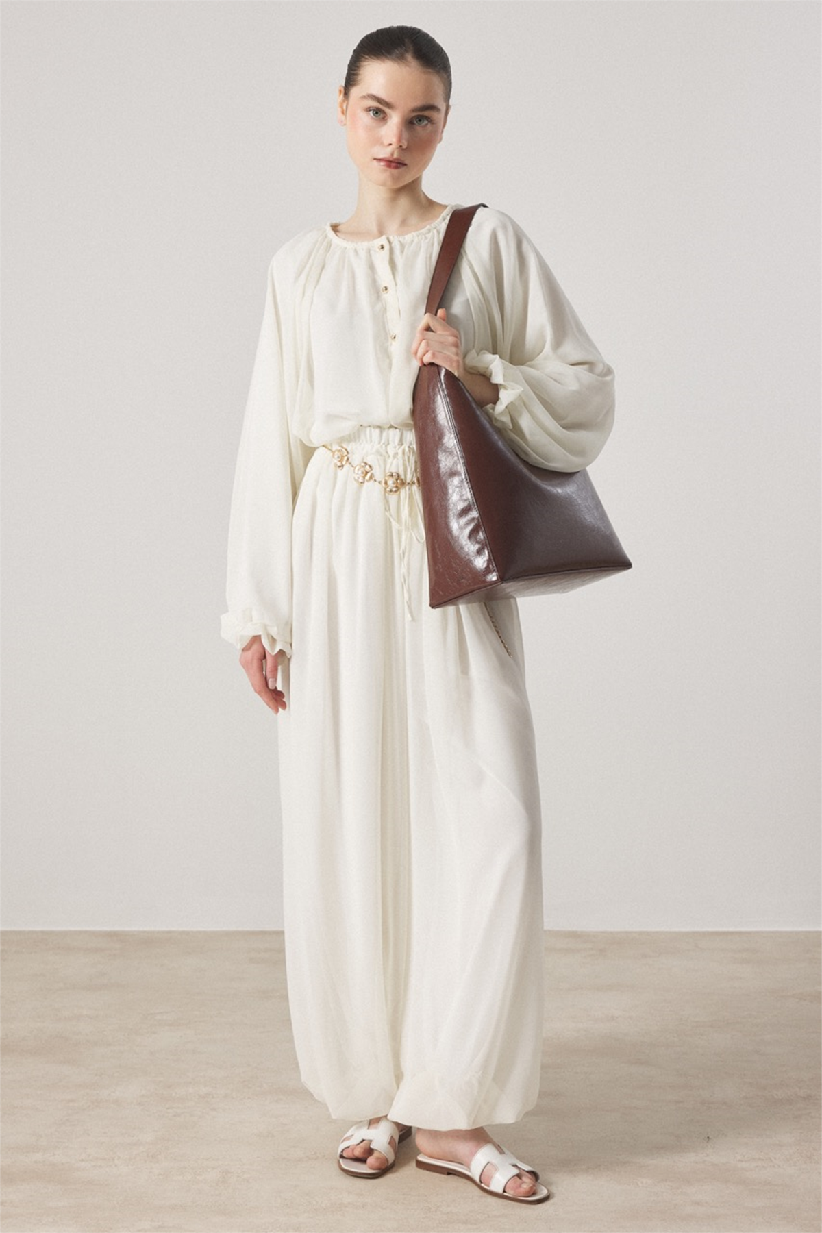 Yaka Büzgülü Şifon Takım - Ekru