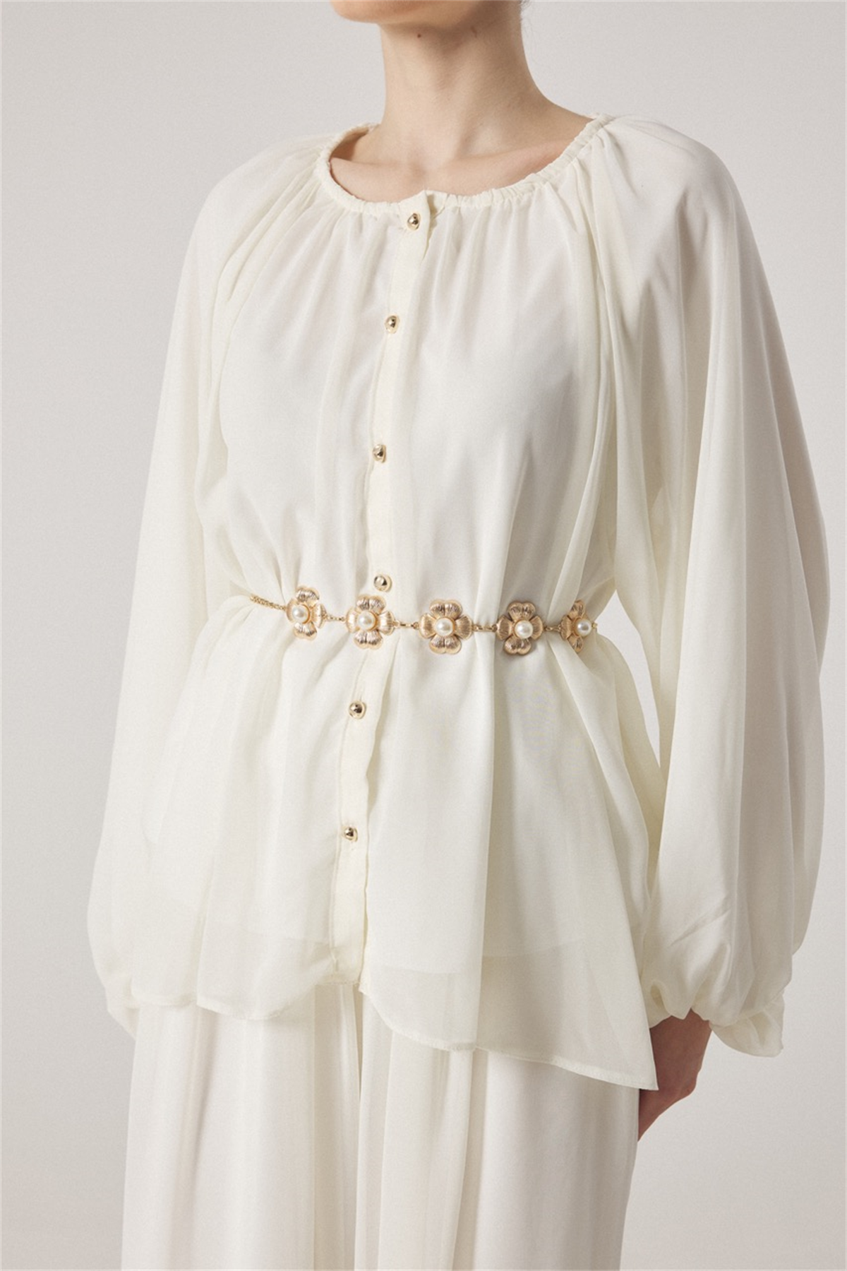 Yaka Büzgülü Şifon Takım - Ekru