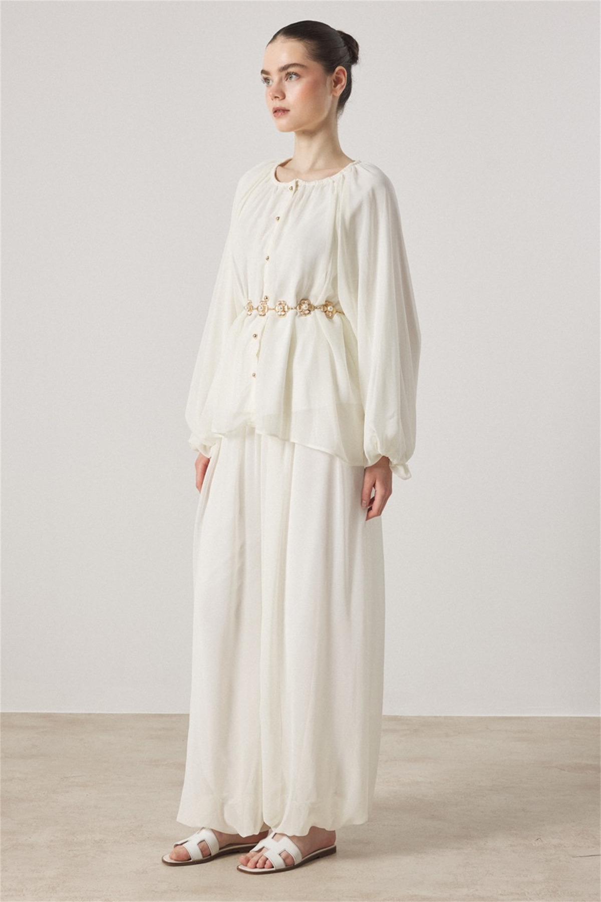 Yaka Büzgülü Şifon Takım - Ekru