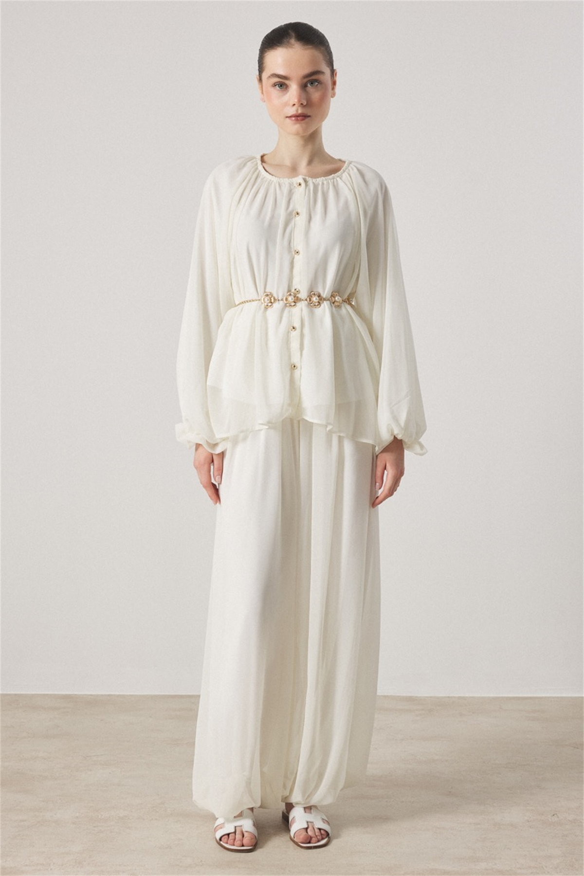Yaka Büzgülü Şifon Takım - Ekru