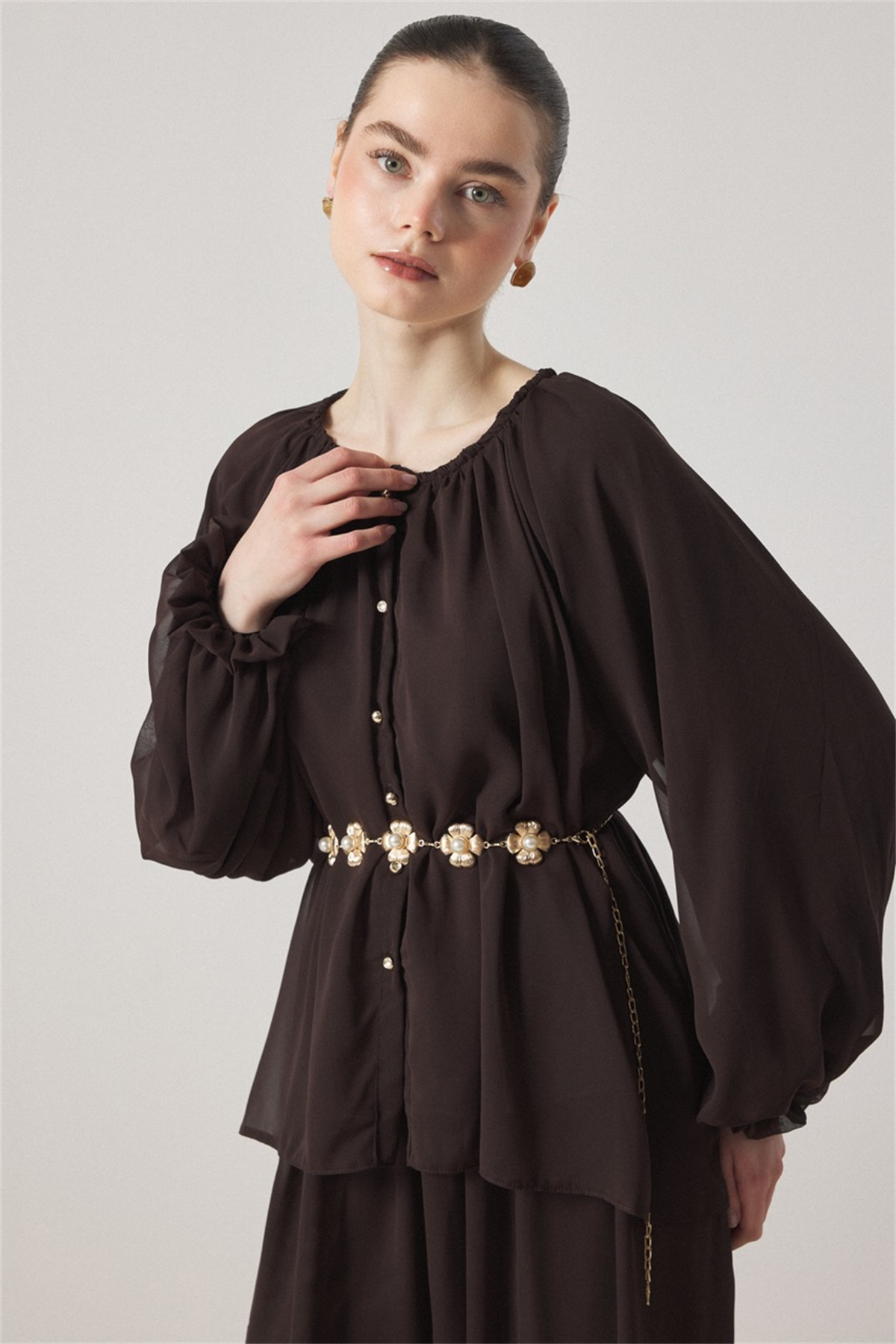 Yaka Büzgülü Şifon Takım - Kahve