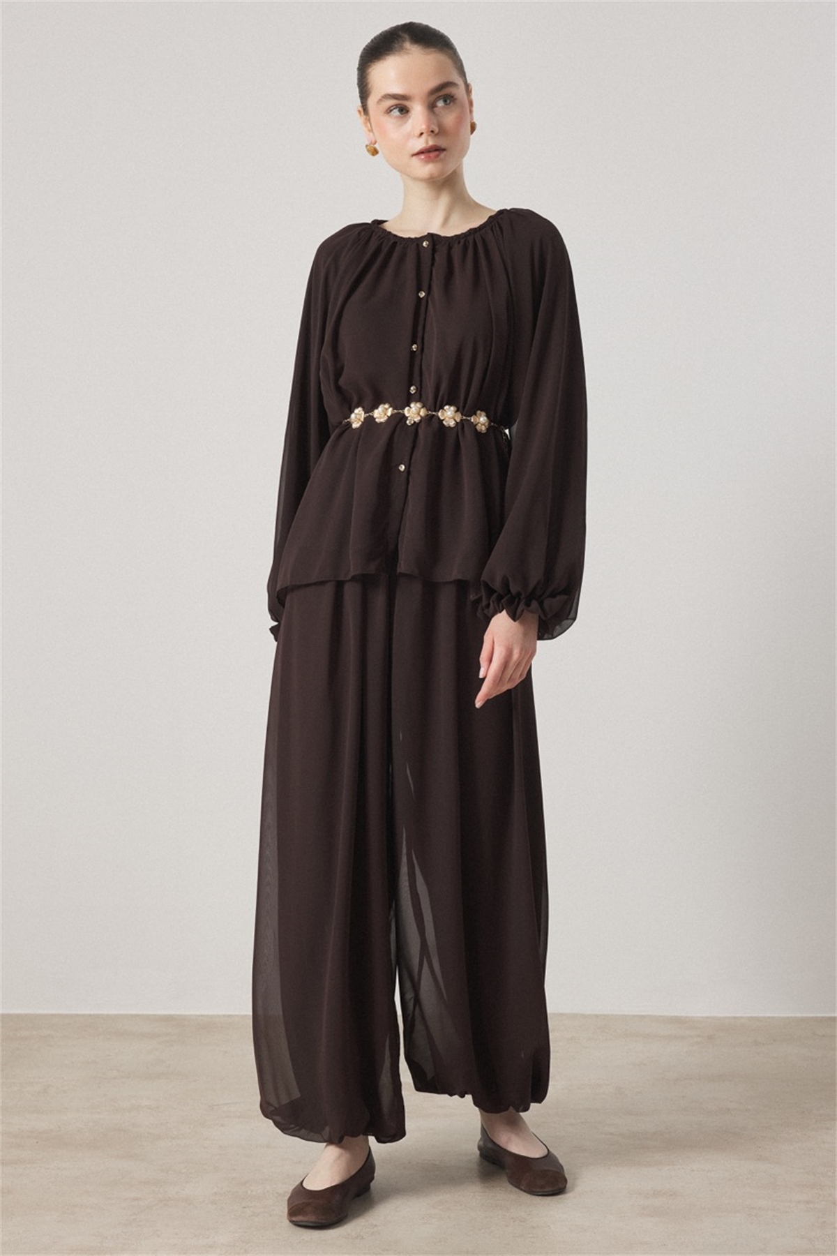 Yaka Büzgülü Şifon Takım - Kahve