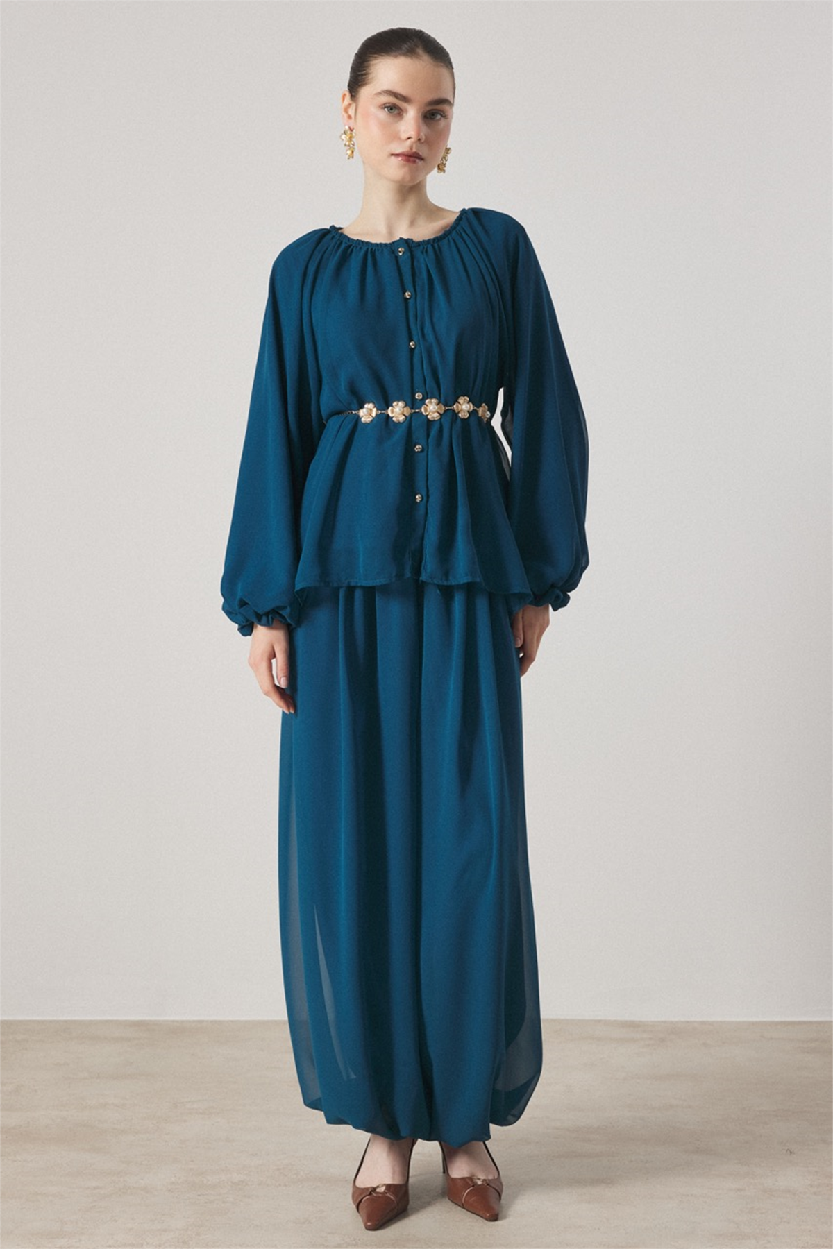 Yaka Büzgülü Şifon Takım - Turkuaz