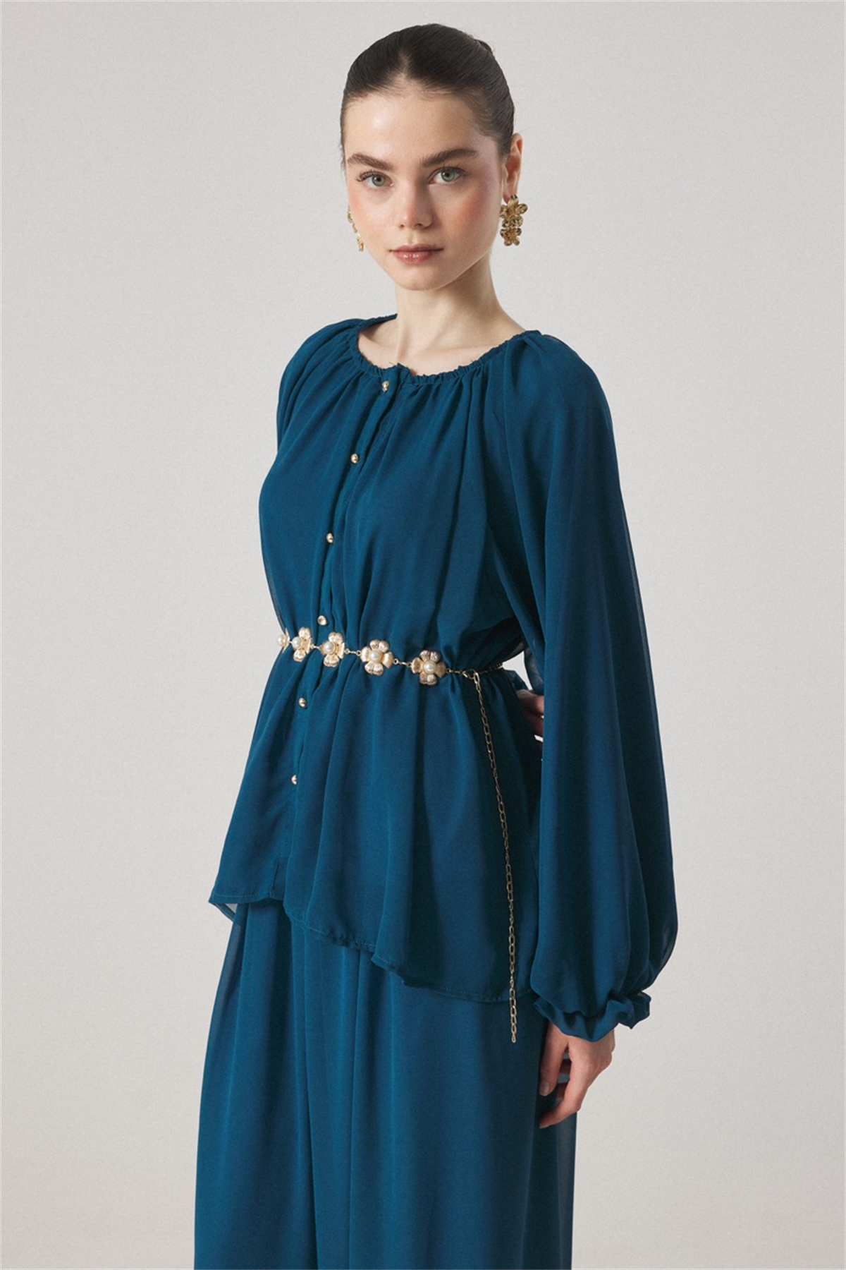 Yaka Büzgülü Şifon Takım - Turkuaz