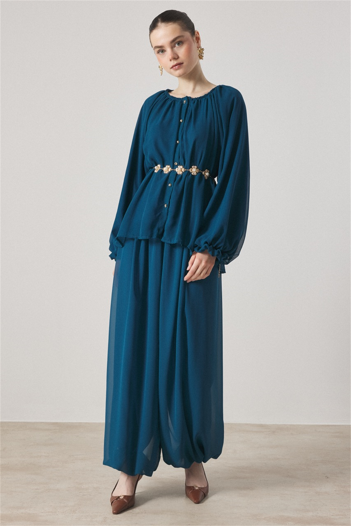 Yaka Büzgülü Şifon Takım - Turkuaz