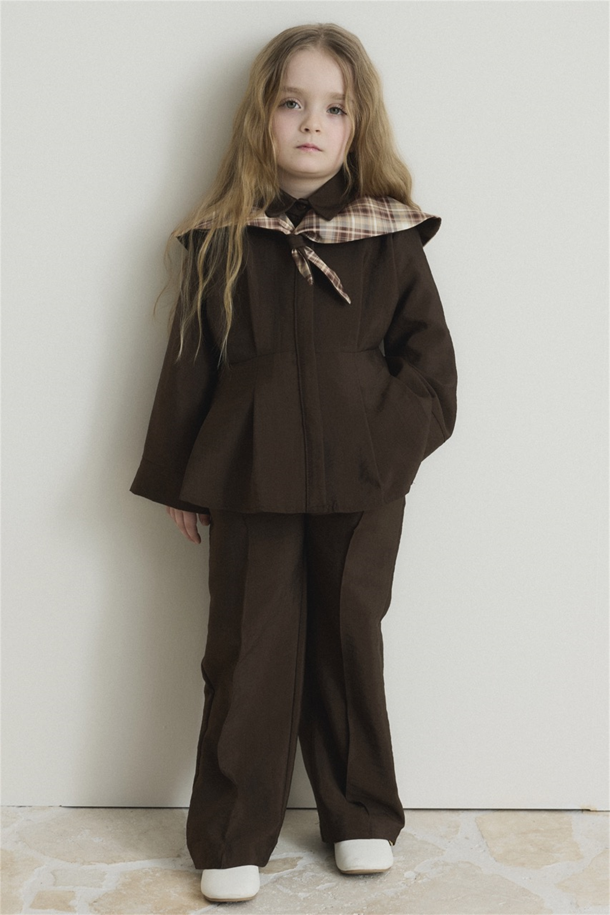 Yaka Ekoseli Bel Pileli Pamuklu Takım - Kahve