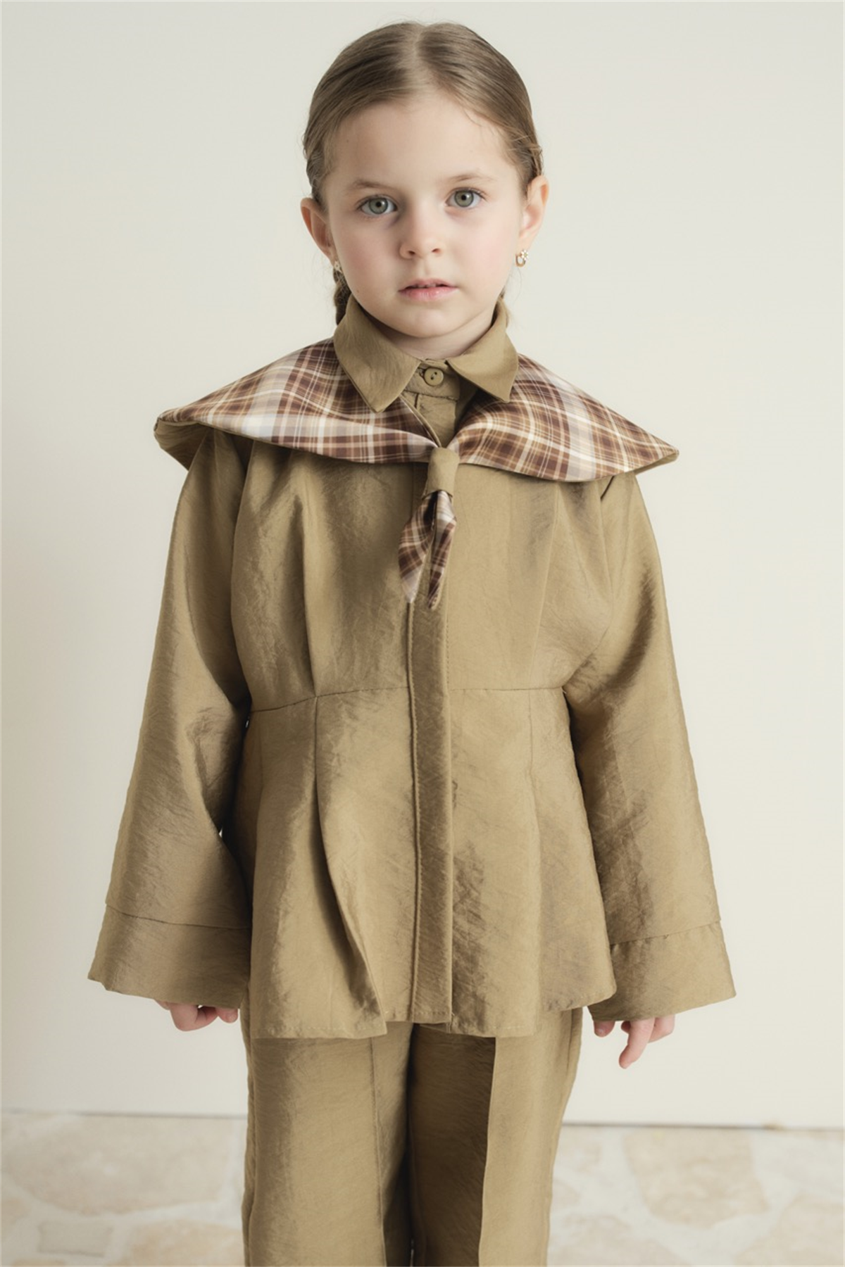 Yaka Ekoseli Bel Pileli Pamuklu Takım - Haki