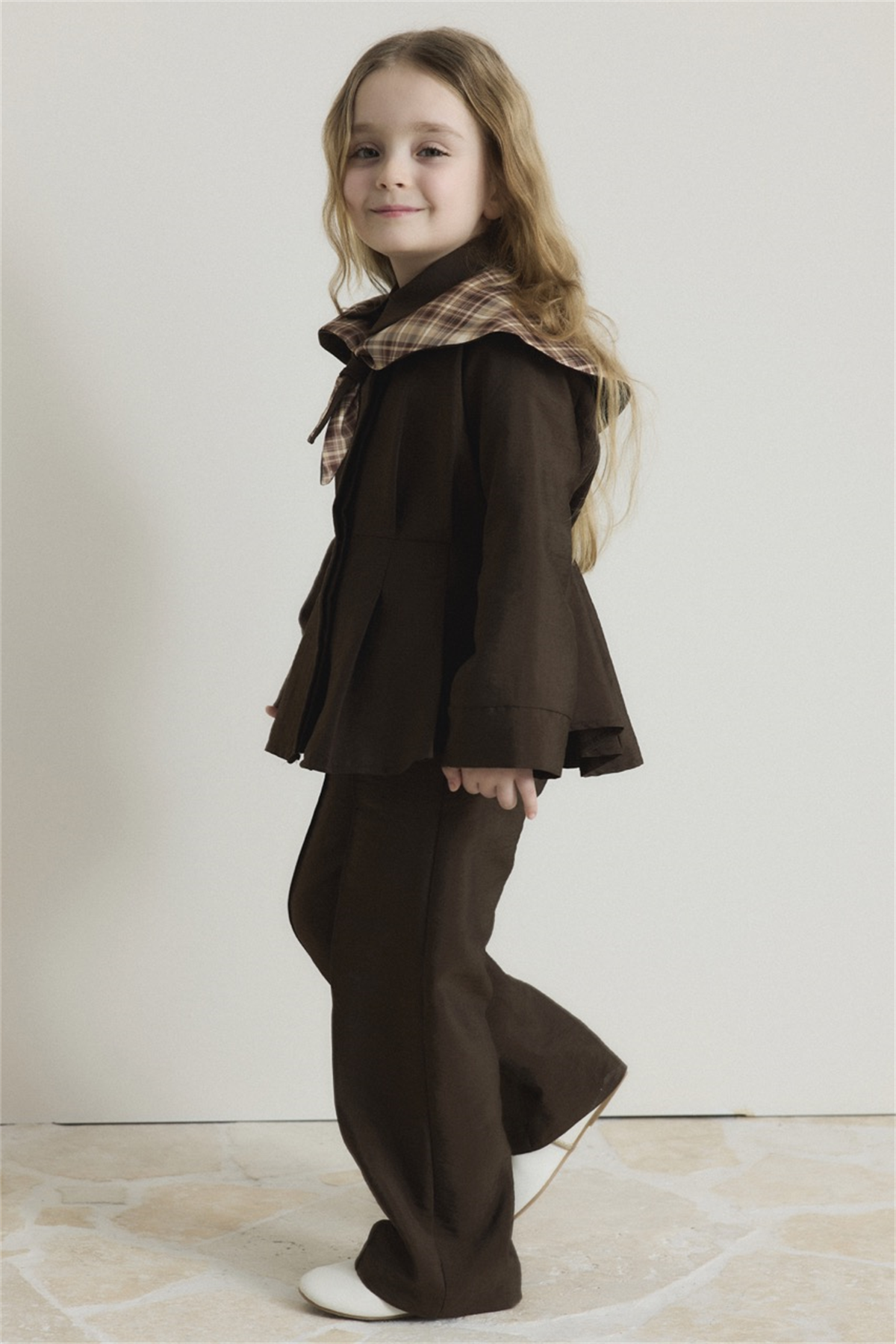 Yaka Ekoseli Bel Pileli Pamuklu Takım - Kahve