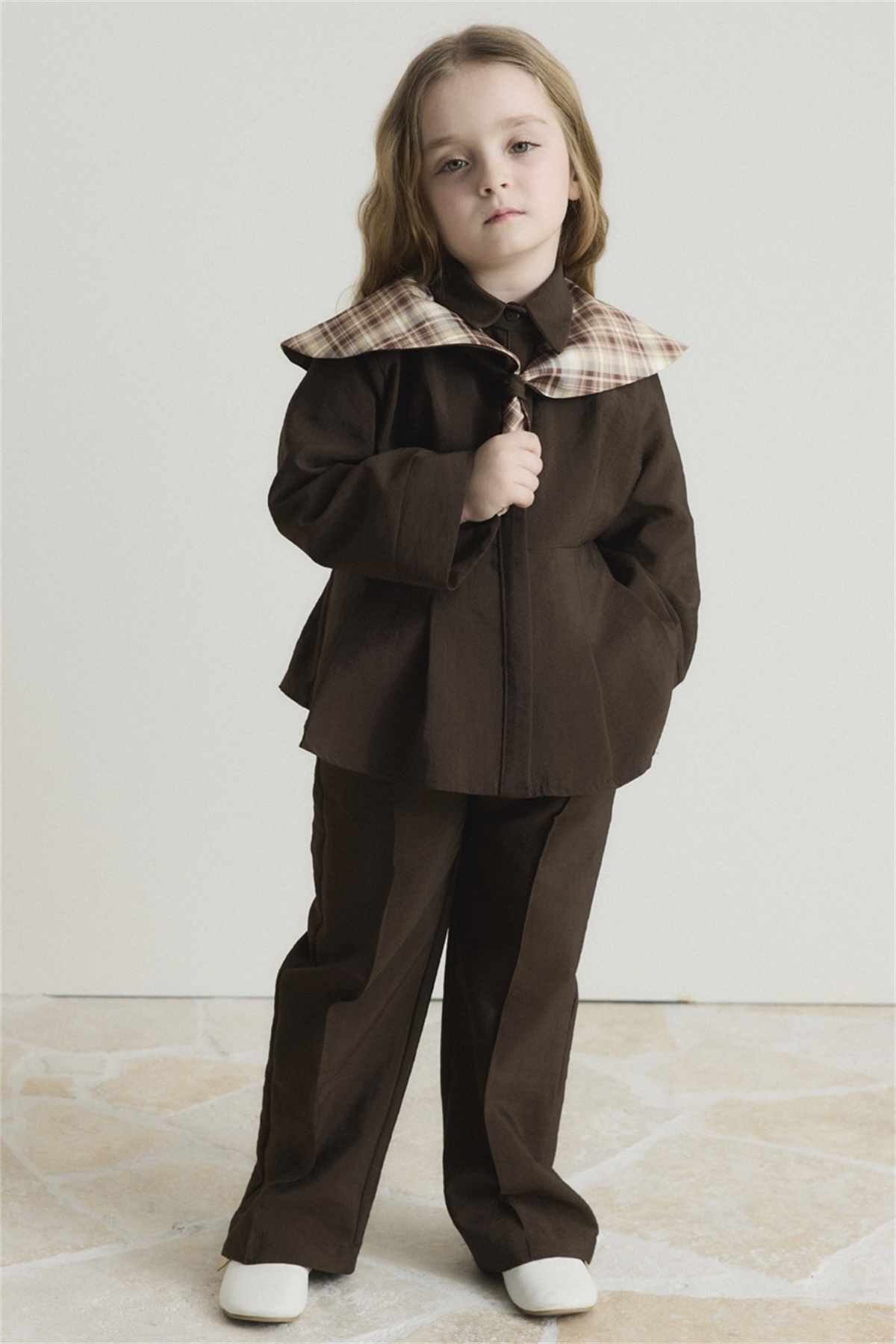 Yaka Ekoseli Bel Pileli Pamuklu Takım - Kahve