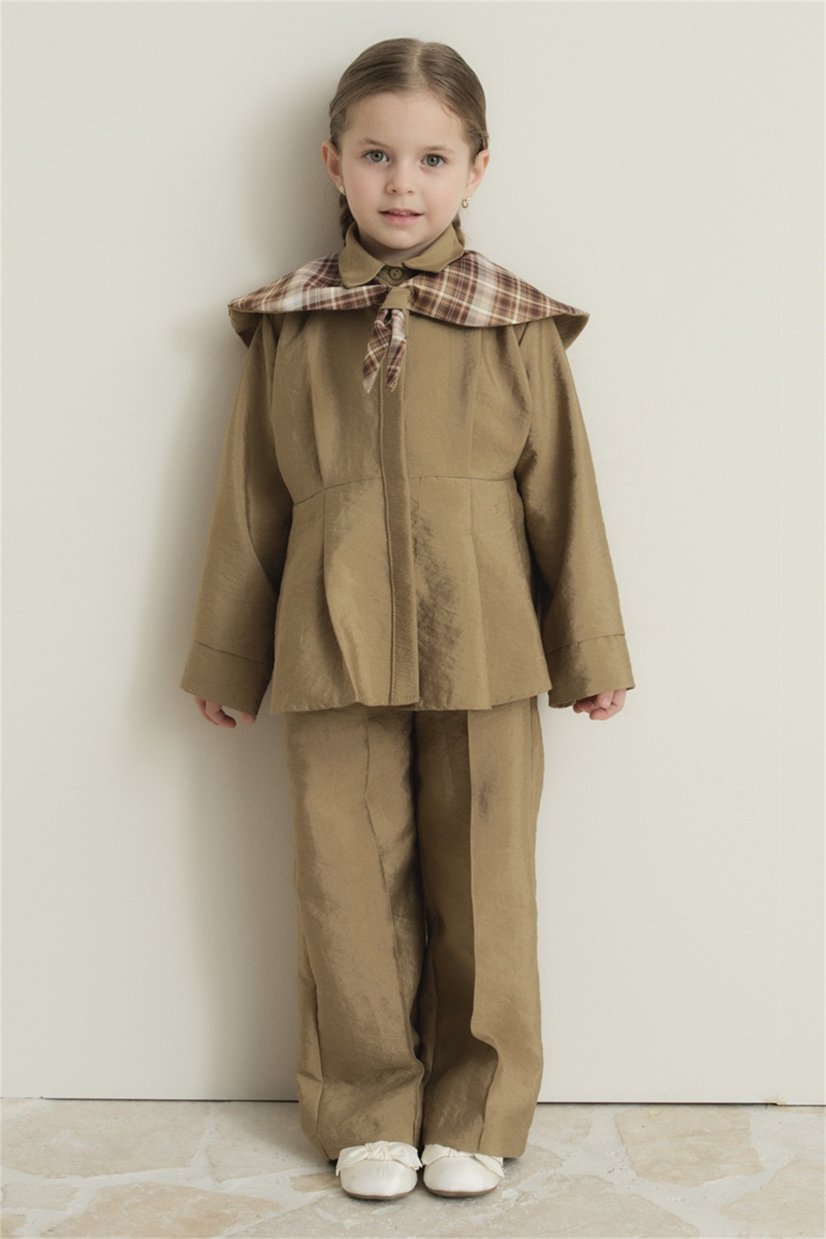 Yaka Ekoseli Bel Pileli Pamuklu Takım - Haki