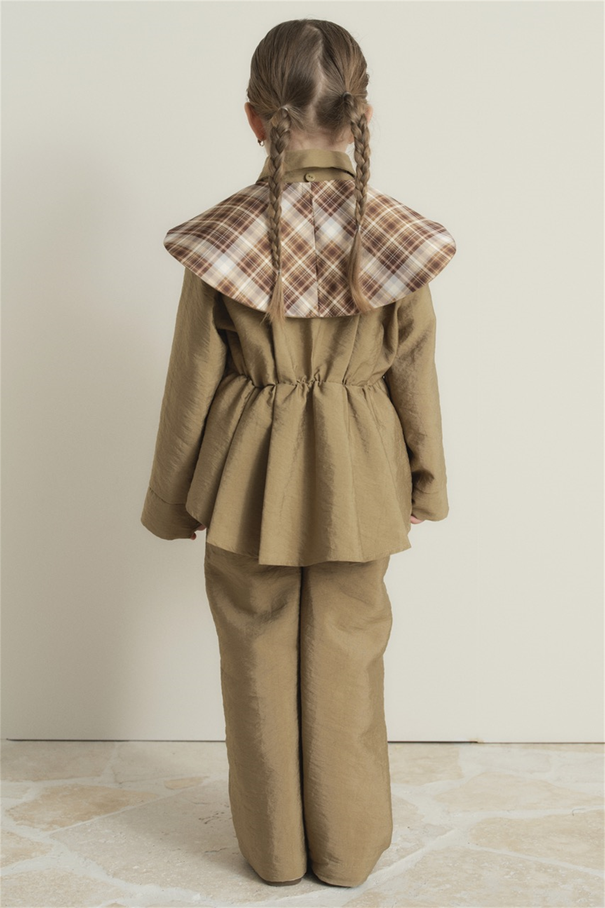 Yaka Ekoseli Bel Pileli Pamuklu Takım - Haki