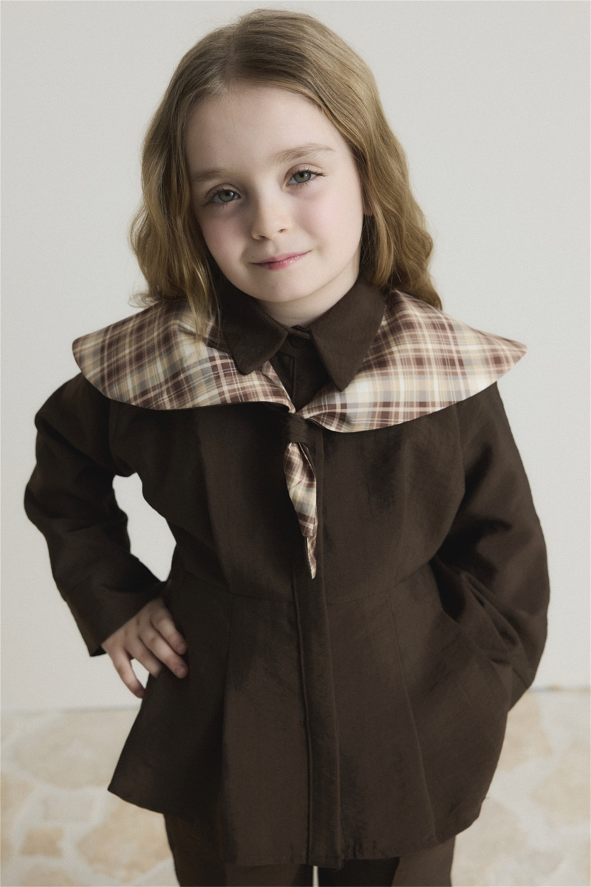 Yaka Ekoseli Bel Pileli Pamuklu Takım - Kahve