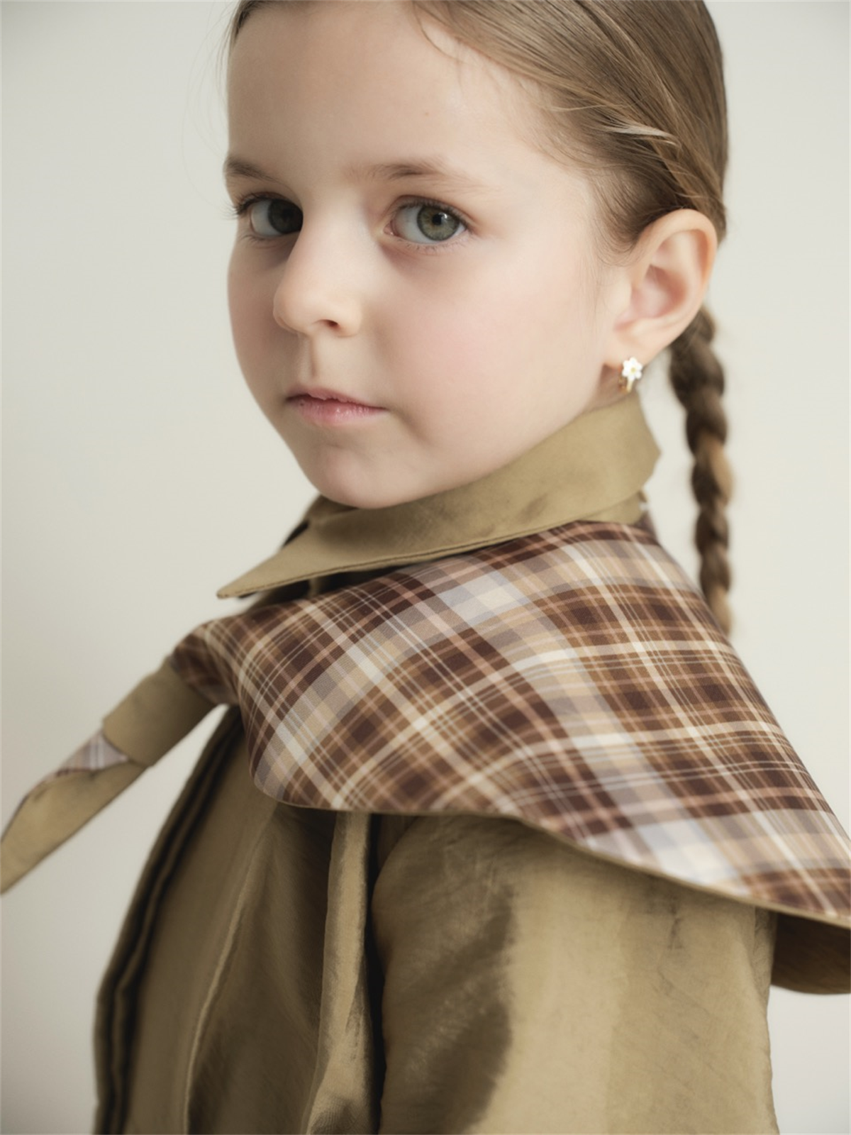 Yaka Ekoseli Bel Pileli Pamuklu Takım - Haki