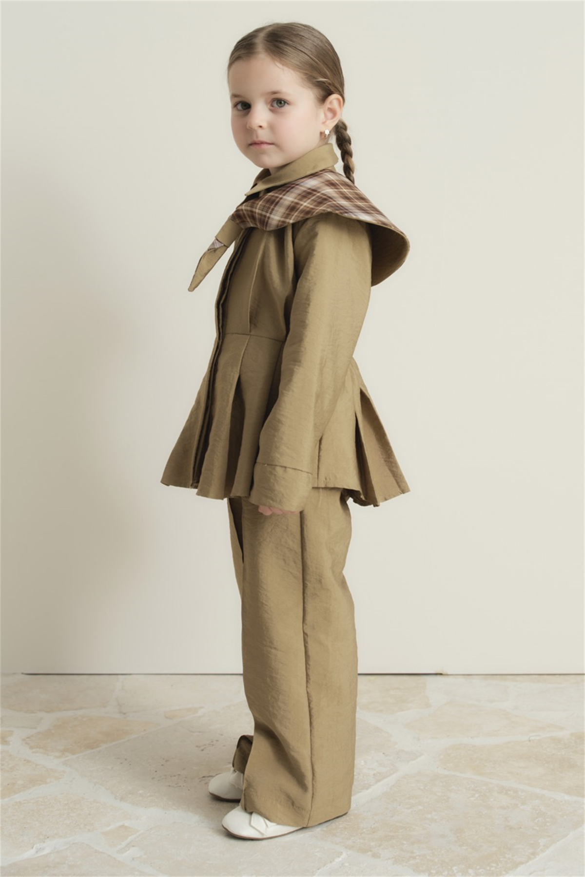 Yaka Ekoseli Bel Pileli Pamuklu Takım - Haki