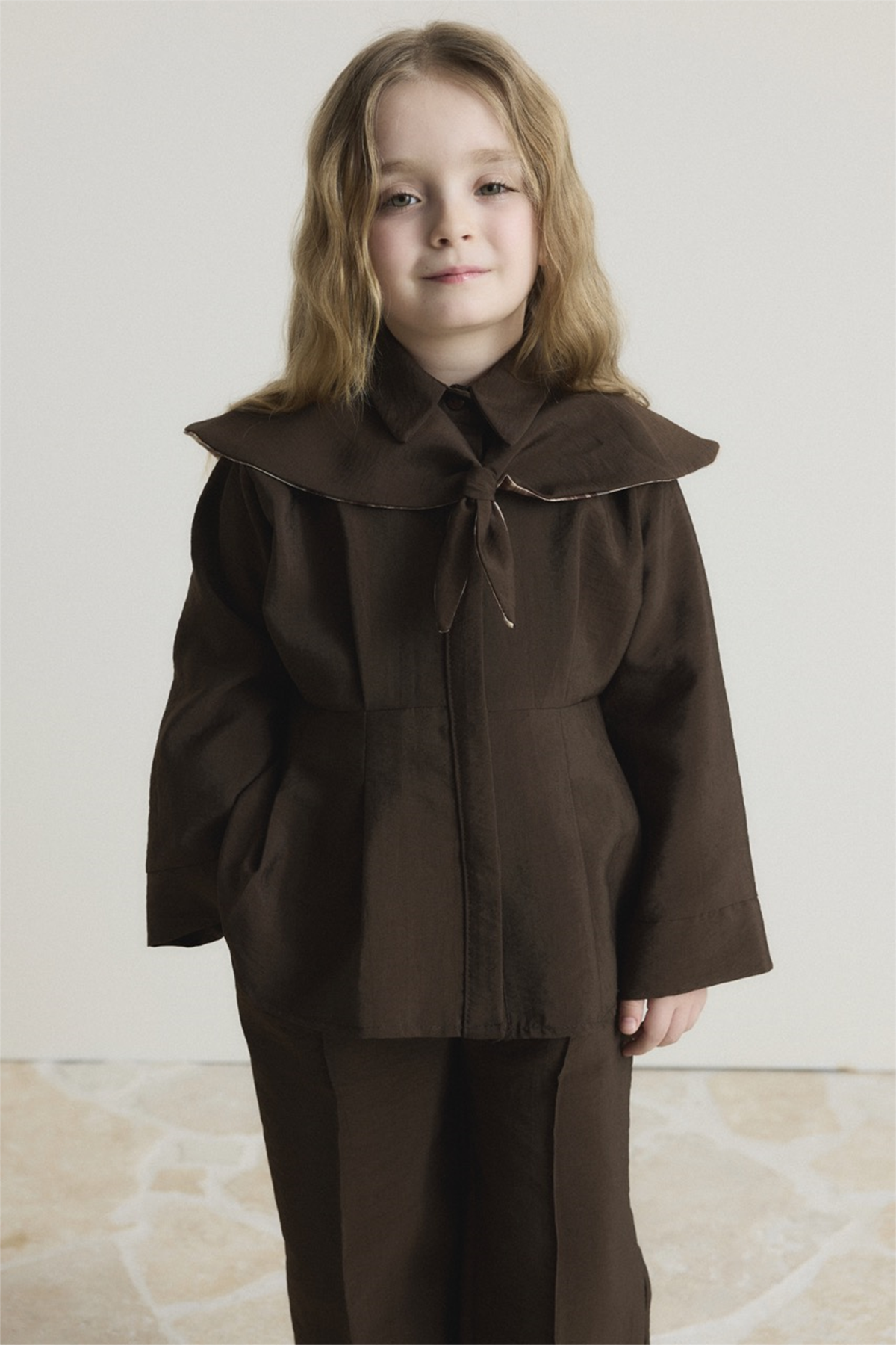 Yaka Ekoseli Bel Pileli Pamuklu Takım - Kahve