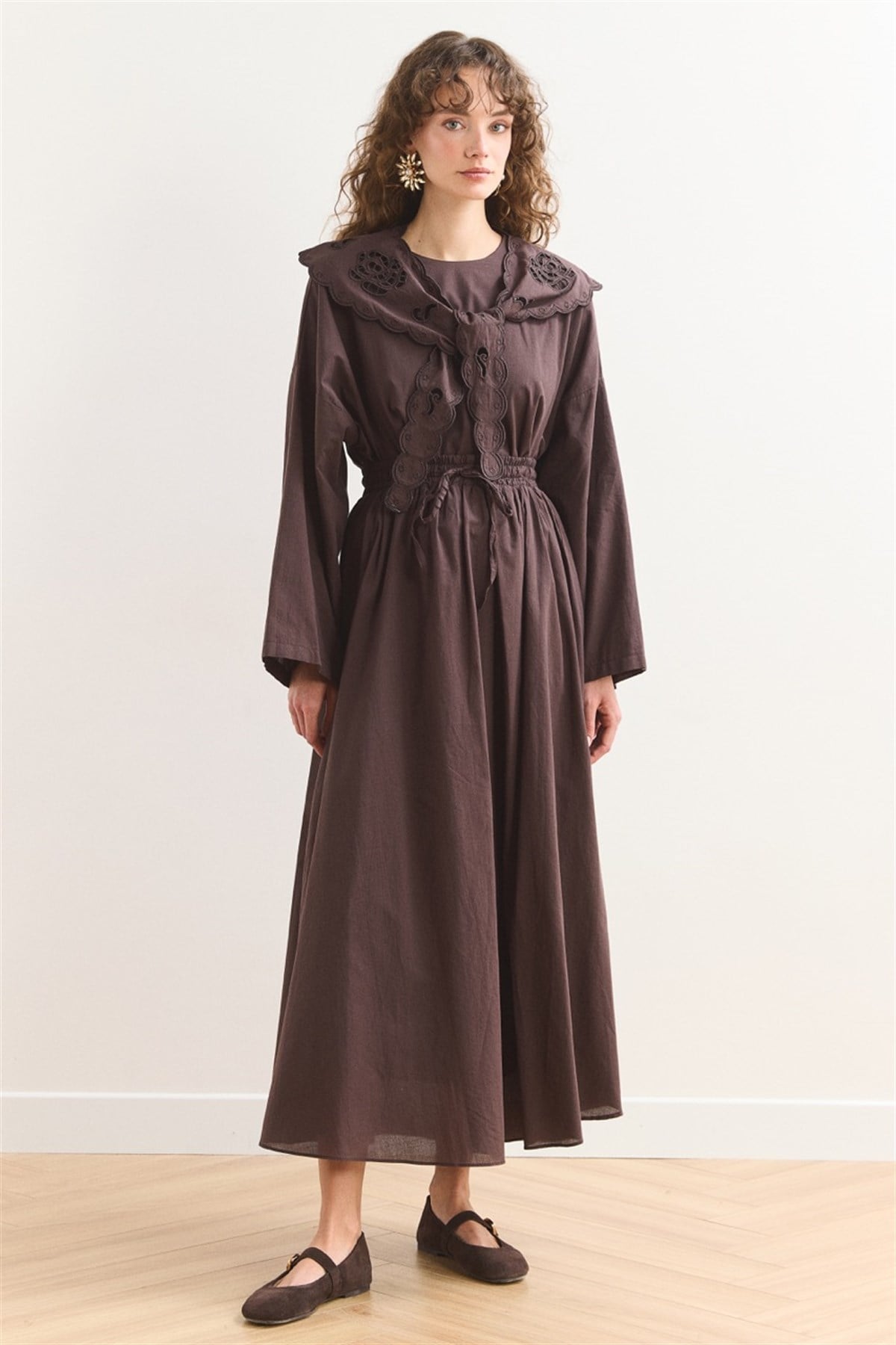 Yaka Nakış Detaylı Vual Etek Takım - Kahve