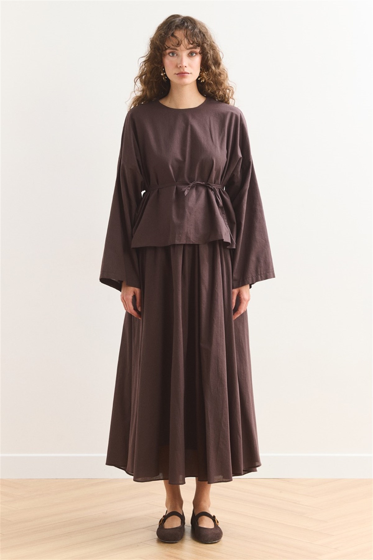 Yaka Nakış Detaylı Vual Etek Takım - Kahve