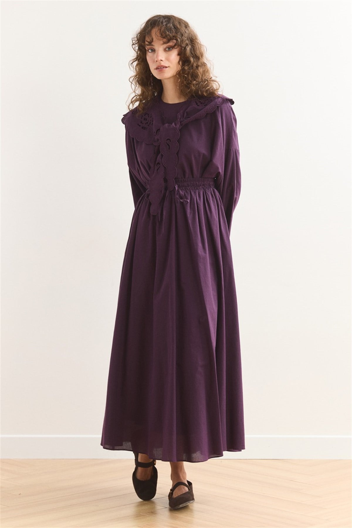 Yaka Nakış Detaylı Vual Etek Takım - Mürdüm