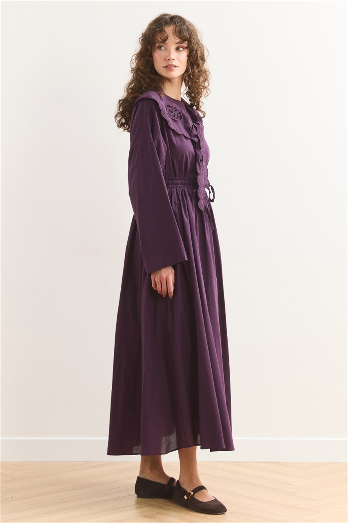 Yaka Nakış Detaylı Vual Etek Takım - Mürdüm