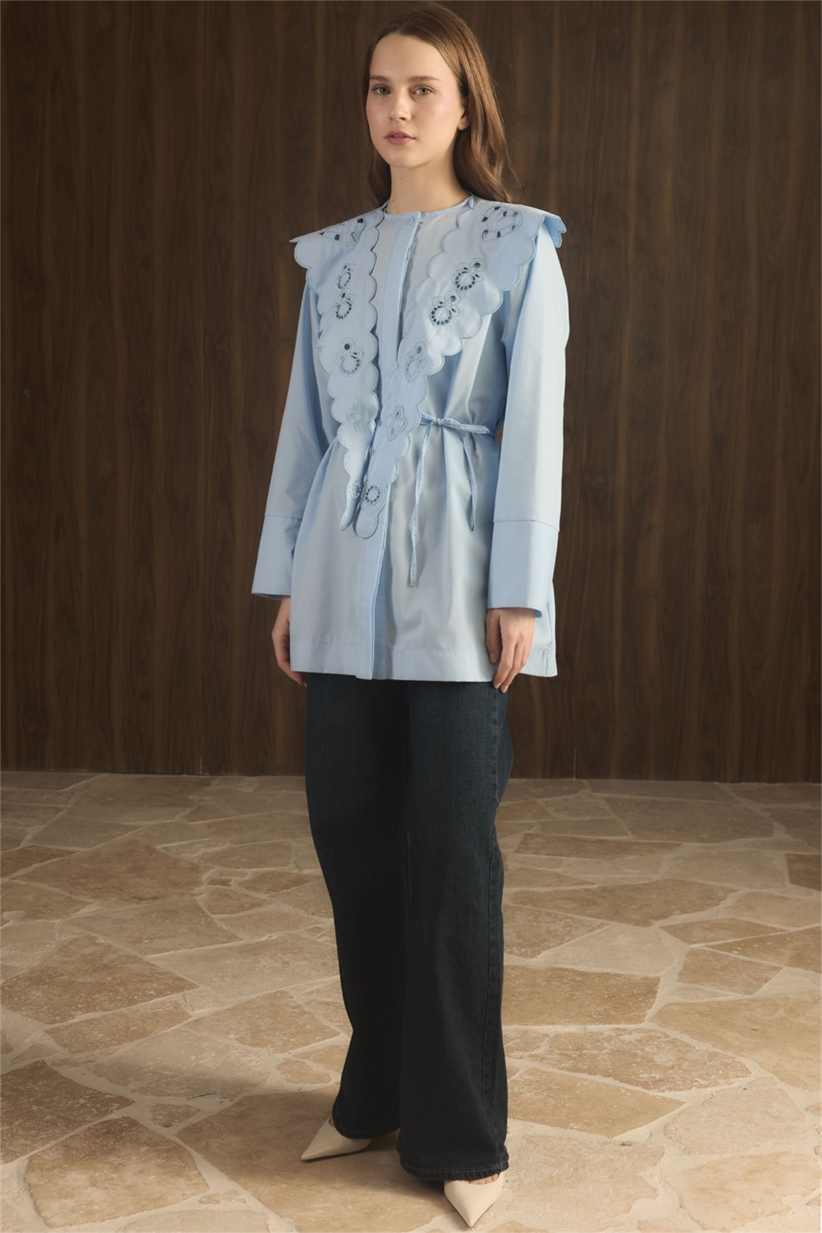 Yaka Nakışlı Dacron Gömlek - bebe mavisi