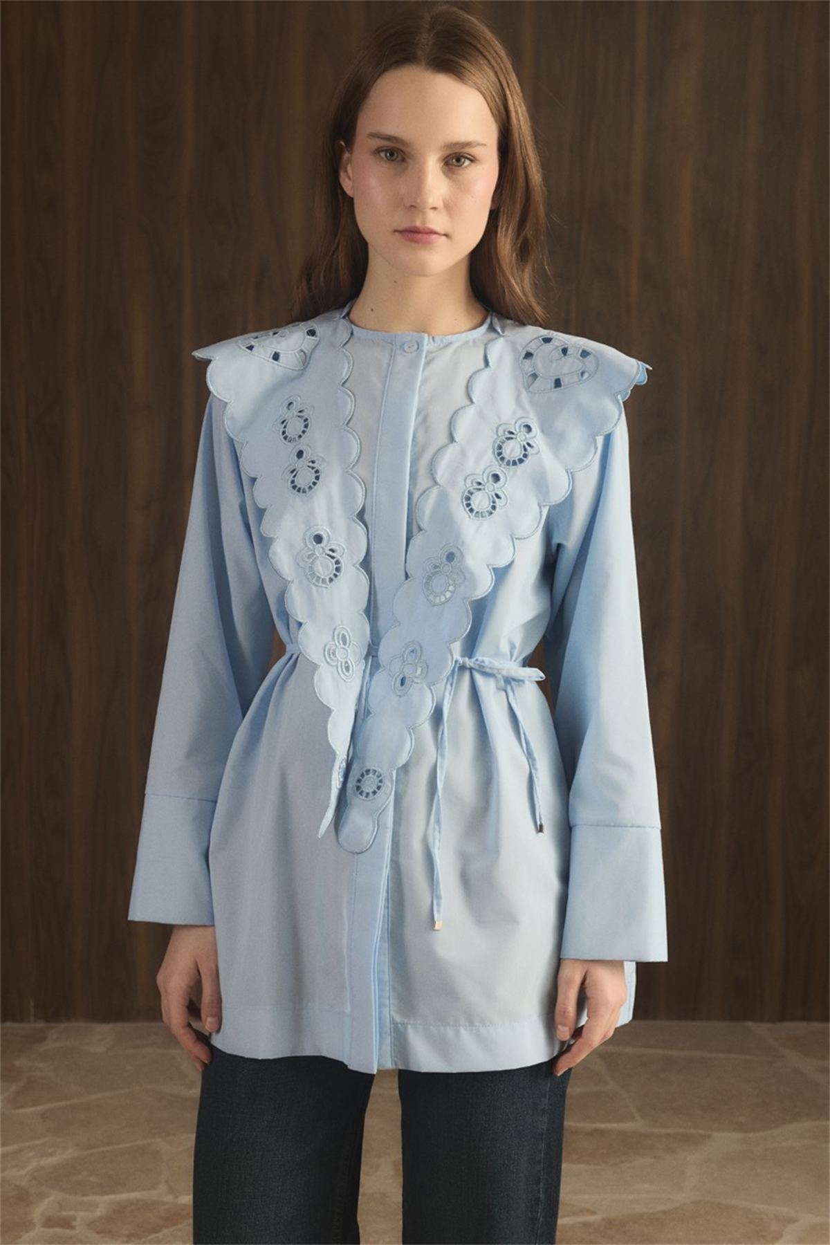 Yaka Nakışlı Dacron Gömlek - bebe mavisi