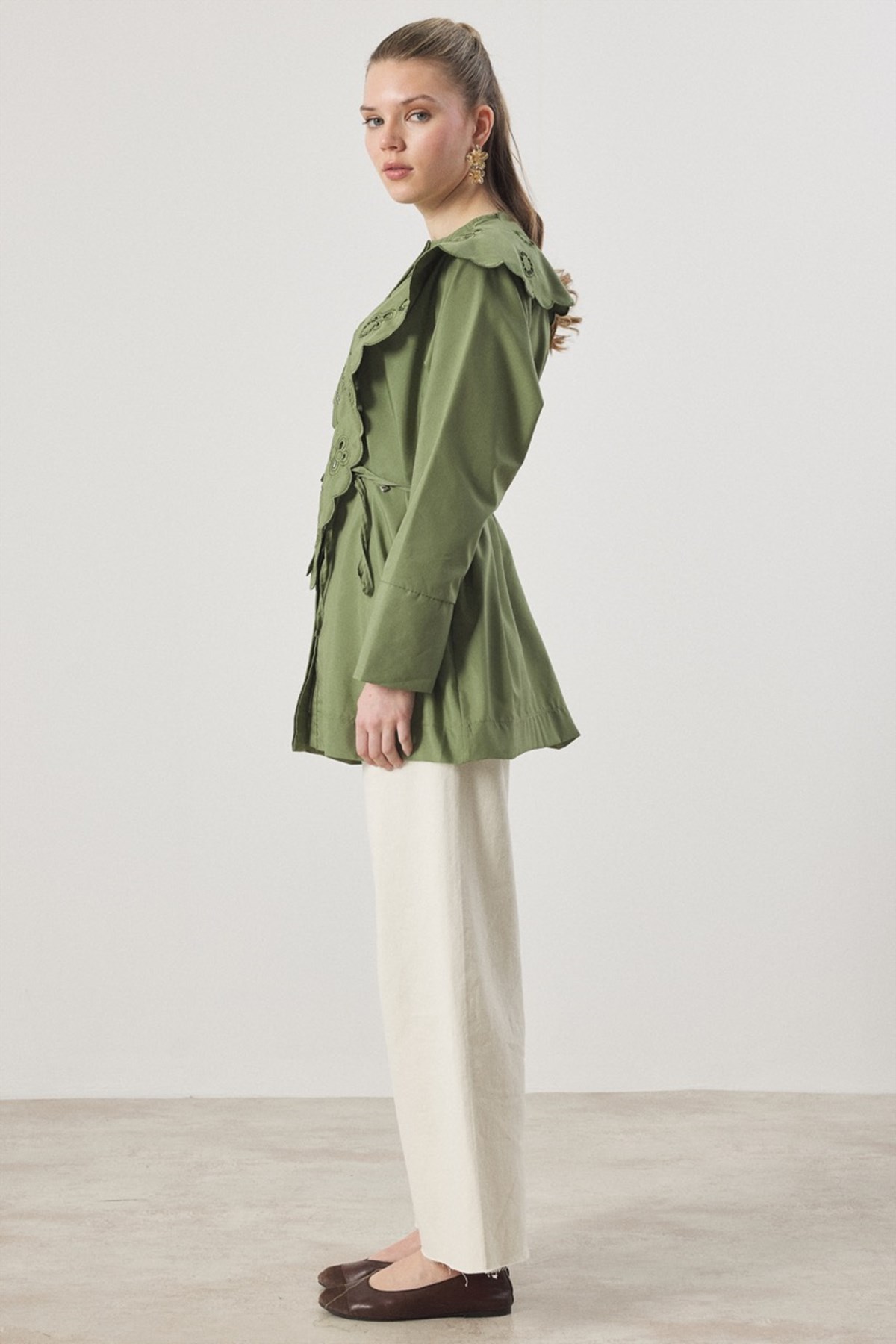 Yaka Nakışlı Dacron Gömlek - Yeşil