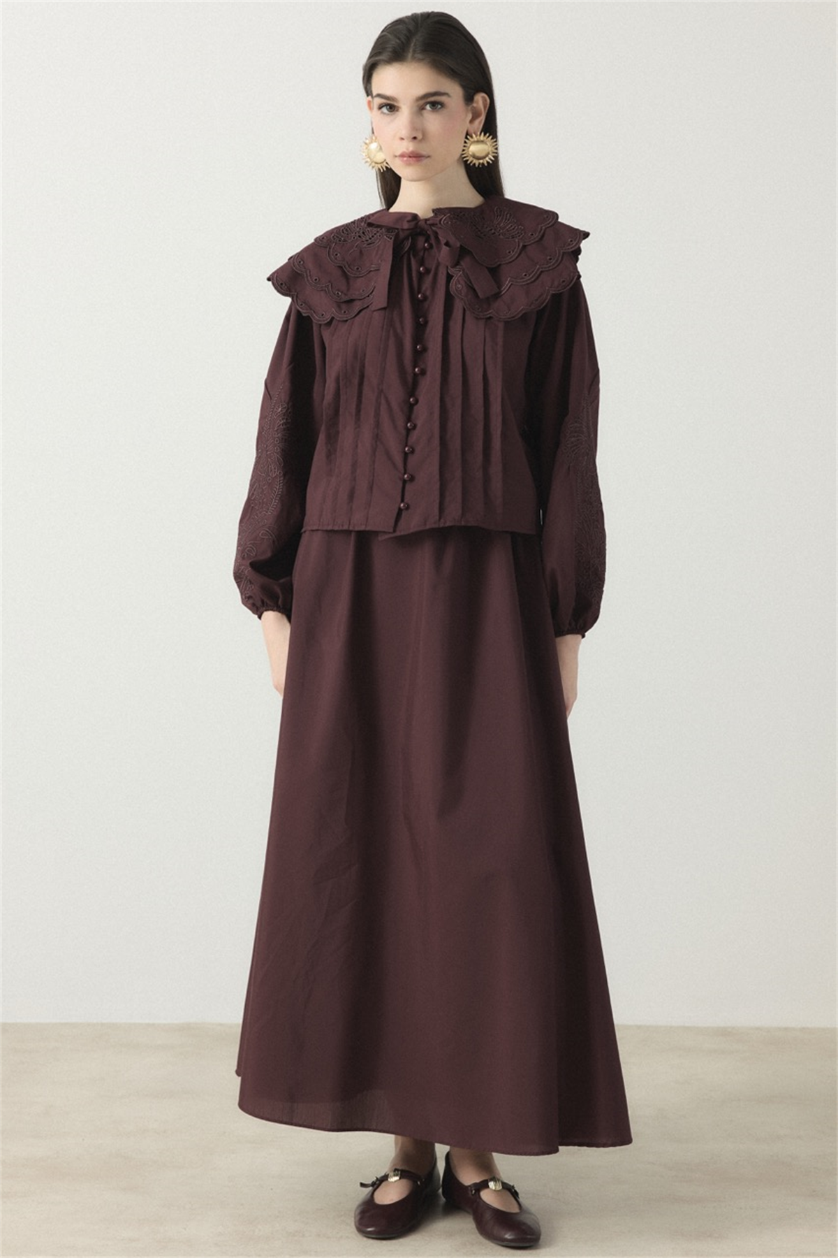 Yaka Nakışlı Dacron Takım - Bordo