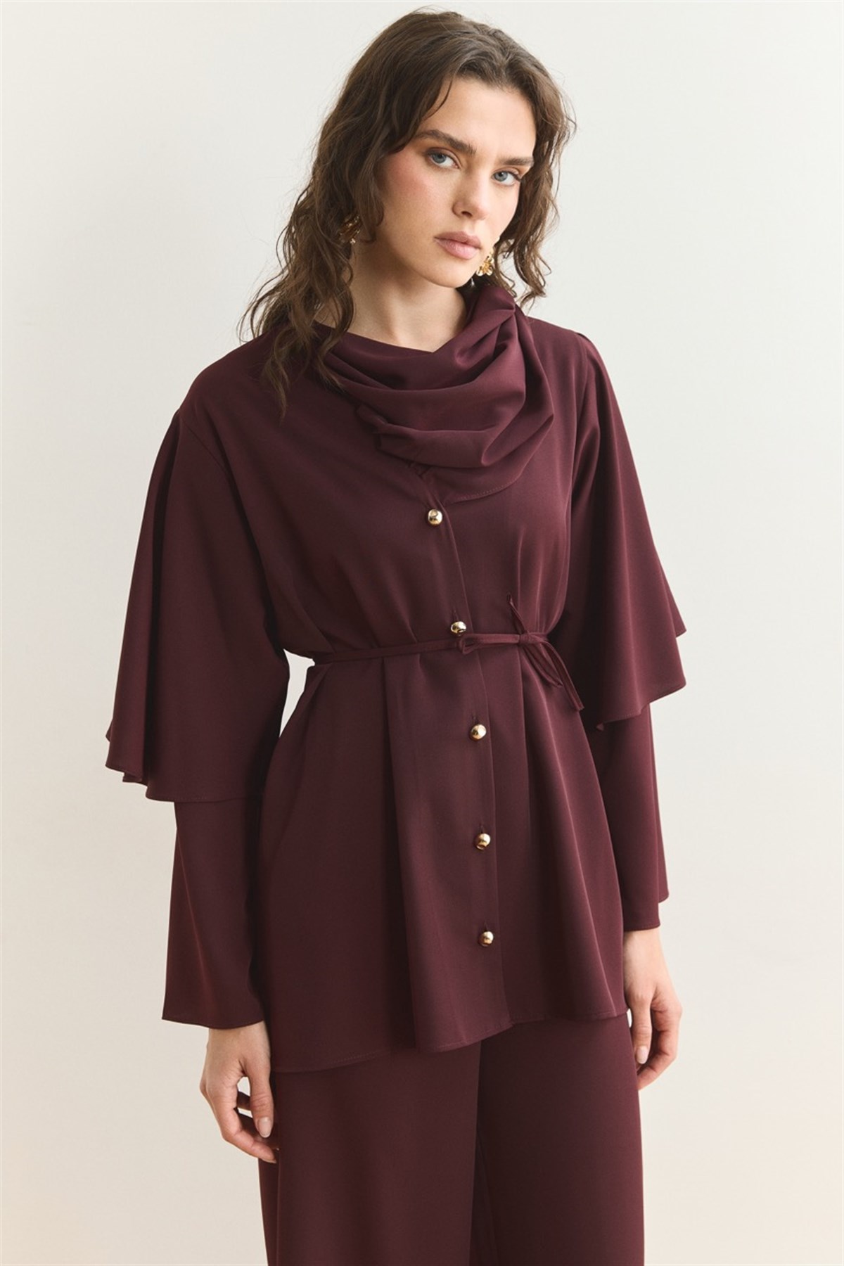 Yaka Şallı Pantolon Takım - Mürdüm