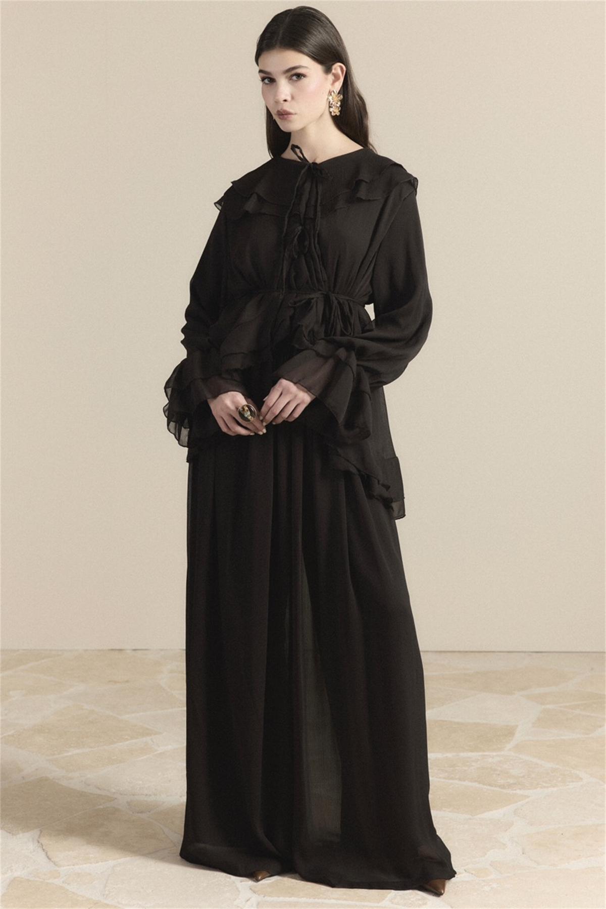 Yaka ve Kol Volanlı Şifon Takım - Acı Kahve