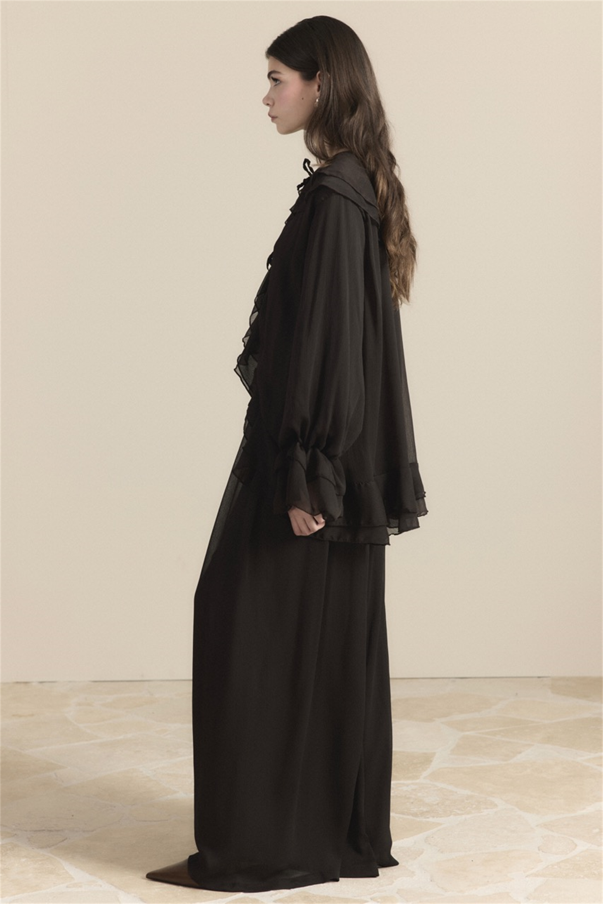 Yaka ve Kol Volanlı Şifon Takım - Acı Kahve