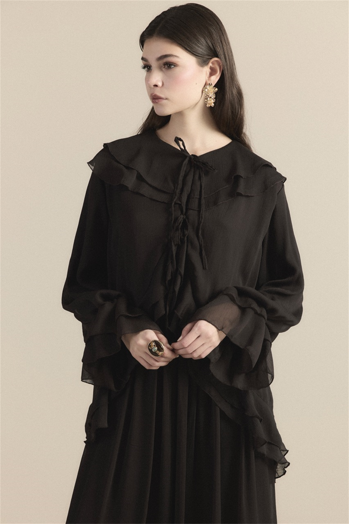 Yaka ve Kol Volanlı Şifon Takım - Acı Kahve